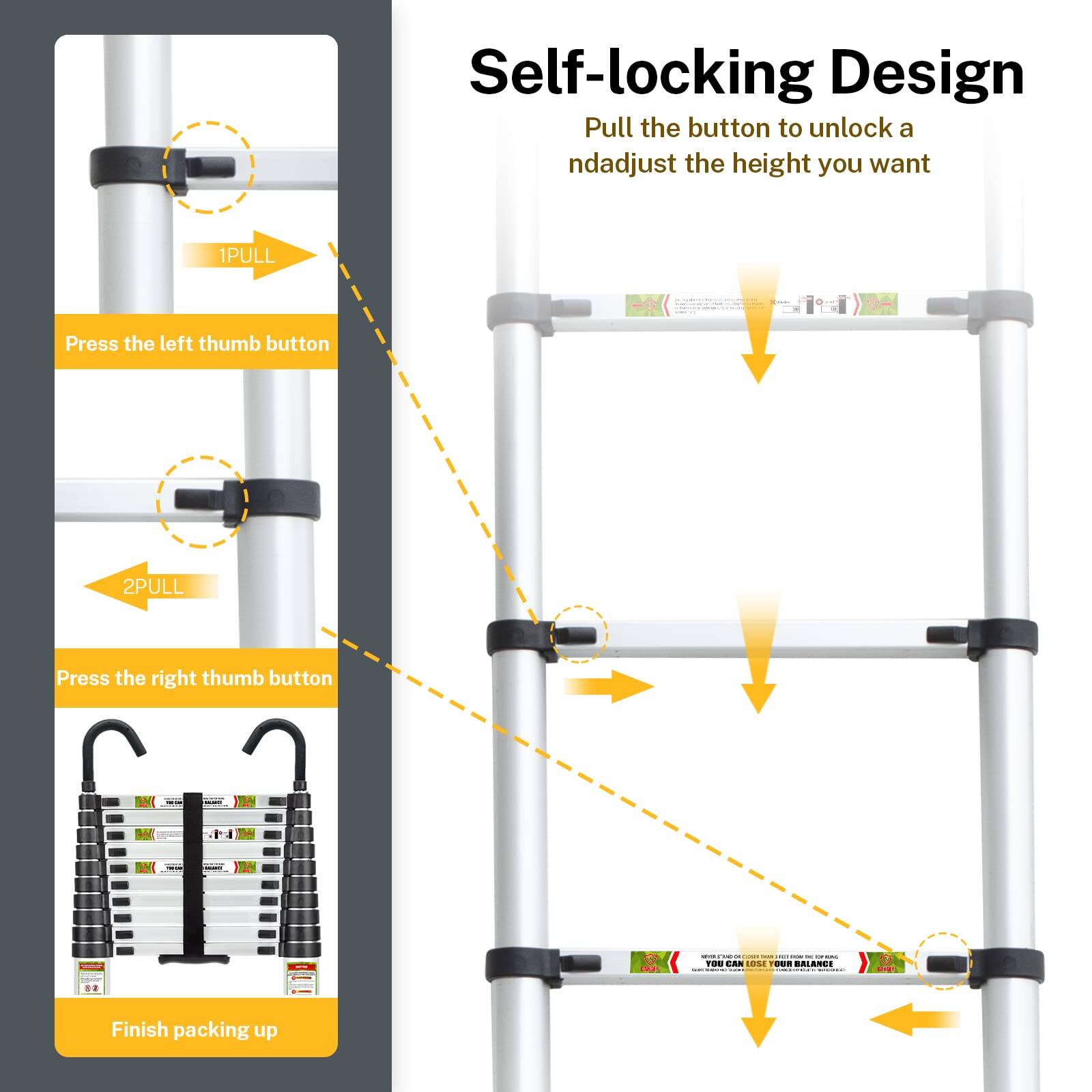 Self-locking Design  
Pull the button to unlock and adjust the height you want  

1PULL  
Press the left thumb button  

2PULL  
Press the right thumb button  

Finish packing up