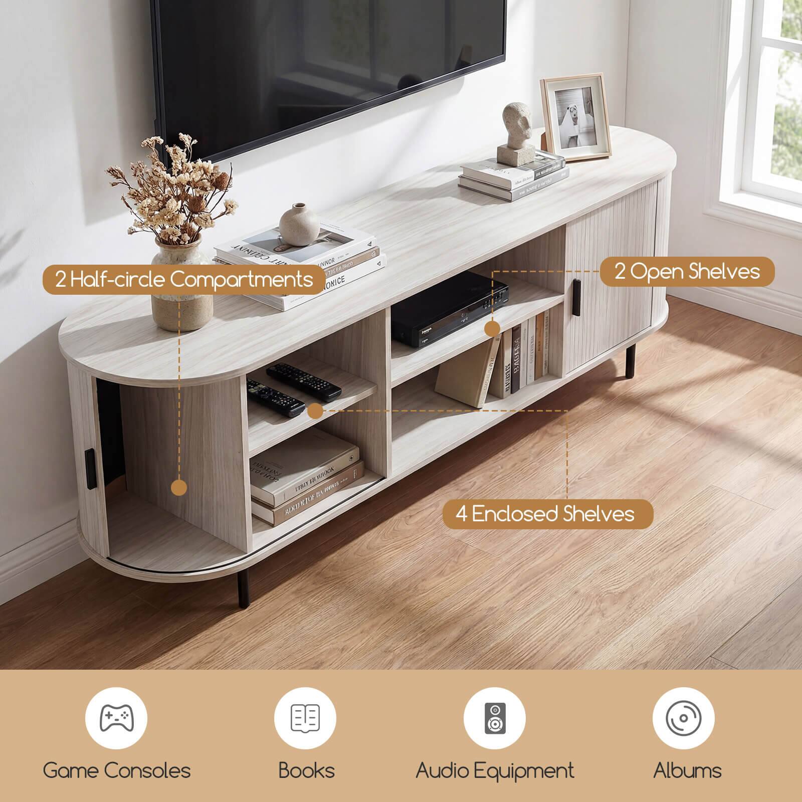 2 Half-circle Compartments  
2 Open Shelves  
4 Enclosed Shelves  

Game Consoles  
Books  
Audio Equipment  
Albums