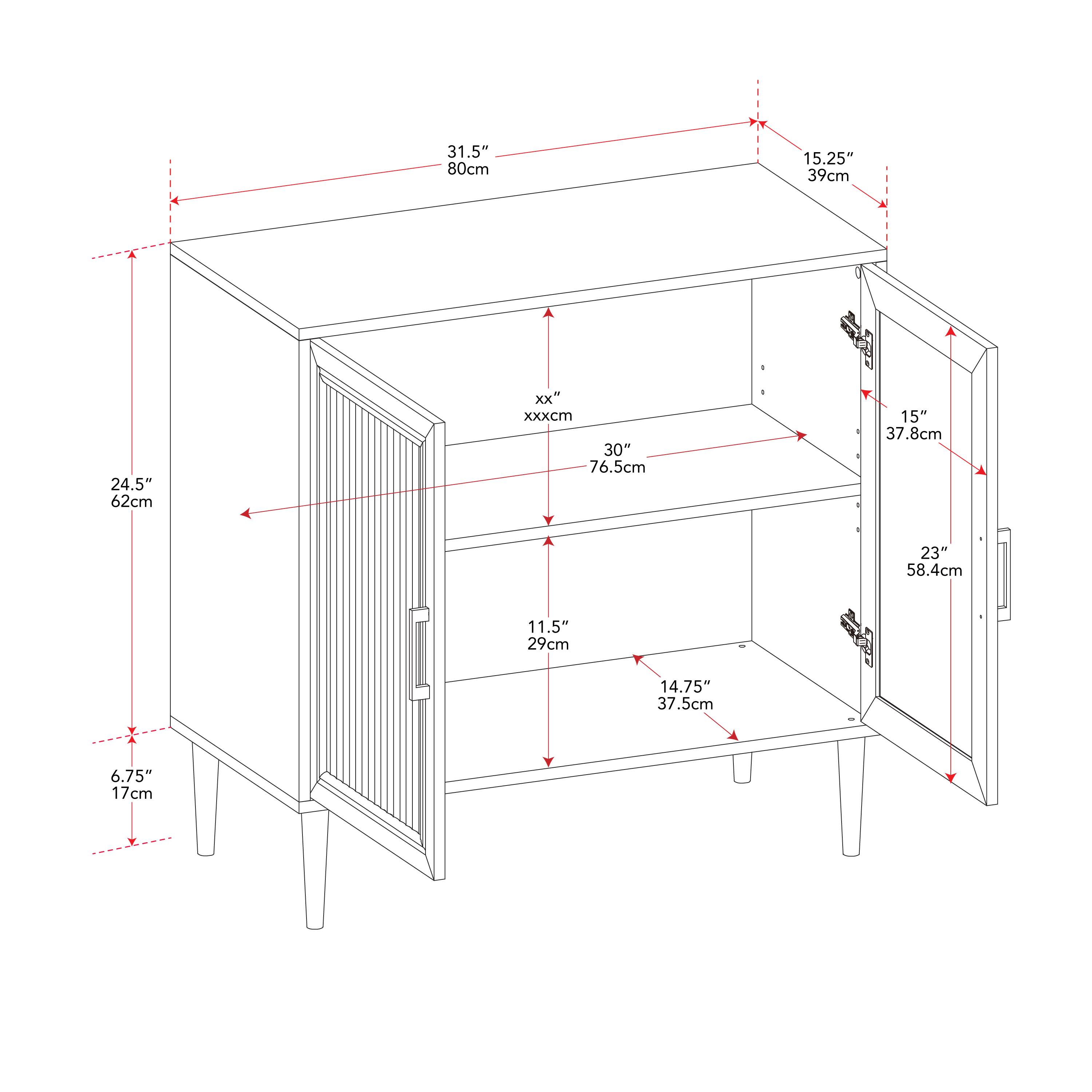 The text can be grouped as follows:

- Dimensions of the top surface: 31.5" (80cm) x 24.5" (62cm)
- Dimensions of the lower shelf: 30" (76.5cm) x 11.5" (29cm)
- Dimensions of the door: 15" (37.8cm) x 23" (58.4cm)
- Height of the cabinet: 15.25" (39cm)
- Height of the legs: 6.75" (17cm)
- Width of the lower shelf: 14.75" (37.5cm)
