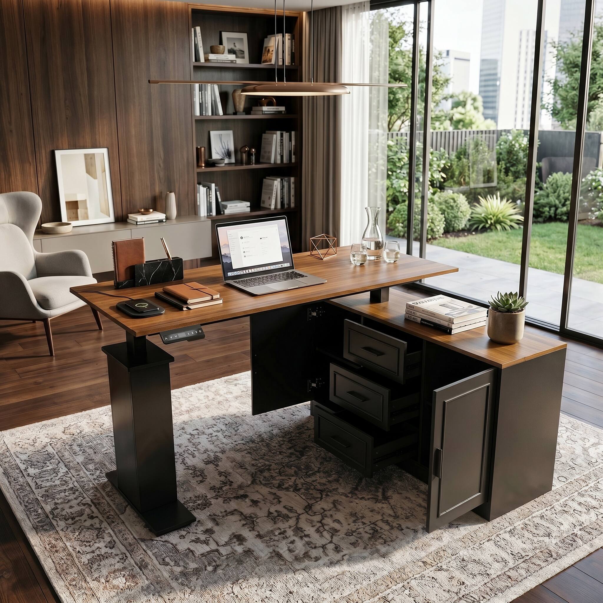 Angle. Famapy - Electric Standing Desk with Storage Cabinet, 55.1" Adjustable Height Workstation, 150 LBS Capacity, Rustic Industrial - Walnut & Black.