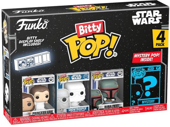 STAR WARS, Funko, Bitty, POP!, 4 PACK, DISPLAY SHELF INCLUDED!, MYSTERY INSIDE!, VINYL FIGURES, STACKING SHELF, WARNING: CHOKING HAZARD, NOT SUITABLE FOR CHILDREN UNDER 36 MONTHS, PELIGRO DE TOUFFEMENT, DANGER D'ETOUFFEMENT, PELIGRO DE MOINS DE 36 MOIS, PELIGRO DE MOINS DE 36 MESES, FIGURINES EN VINYLE, ETANTE APPLICABLE, EMPILABLE, 1 PC/PZ, 4 PC/PZ, BOBA FETT, SNOWTROOPER, PRINCESS LEIA