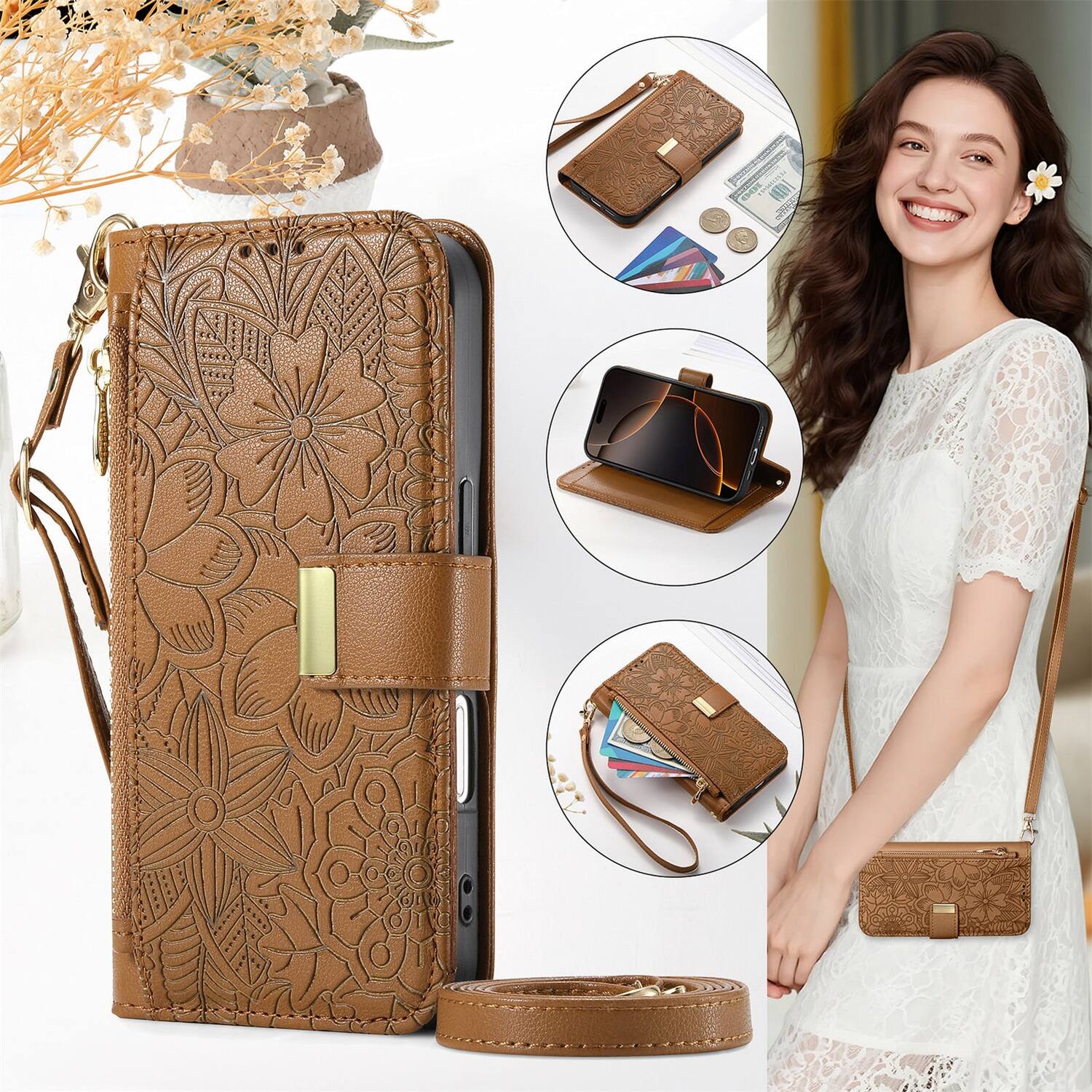 Alt View 7. Dteck - Floral Embossed Leather Zipper Cash Slot Wallet Case for Apple iPhone 16 Plus with Detachable Strap - Brown.