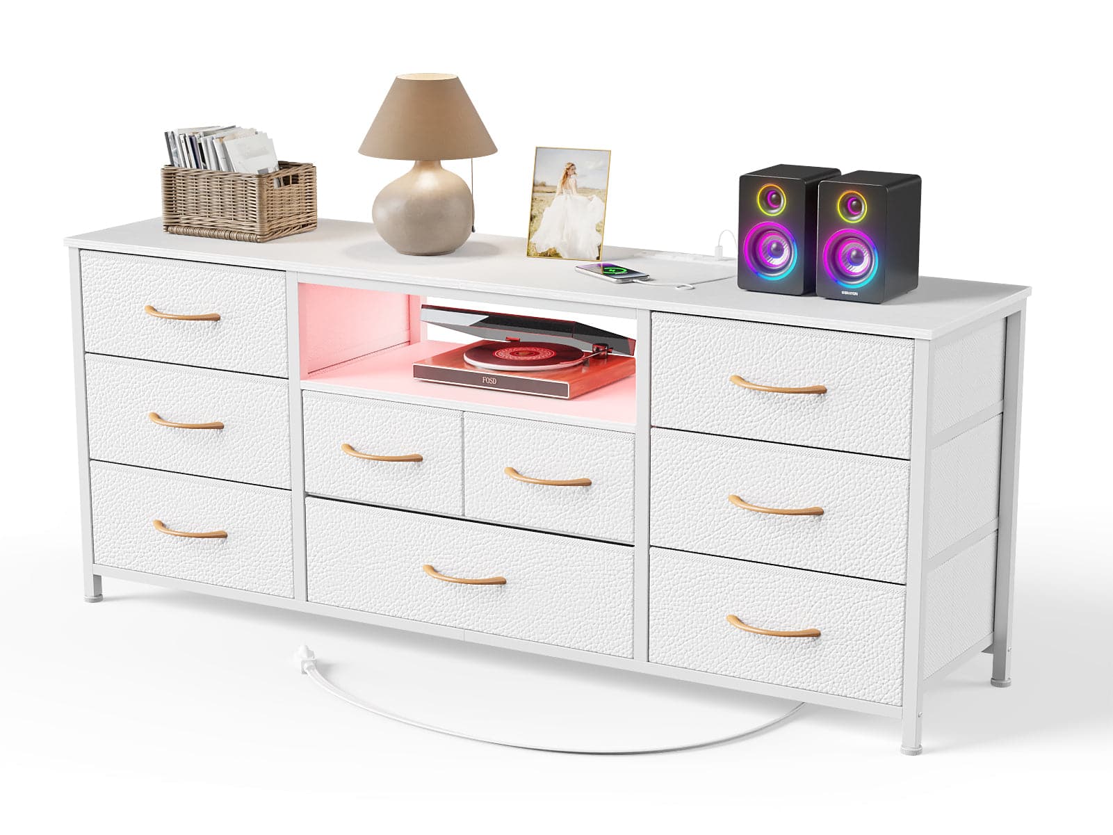 Front. Furologee - 9Drawer Fabric Dresser with Wood Top Storage Chest - White.