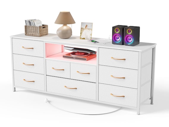 Front. Furologee - 9Drawer Fabric Dresser with Wood Top Storage Chest - White.