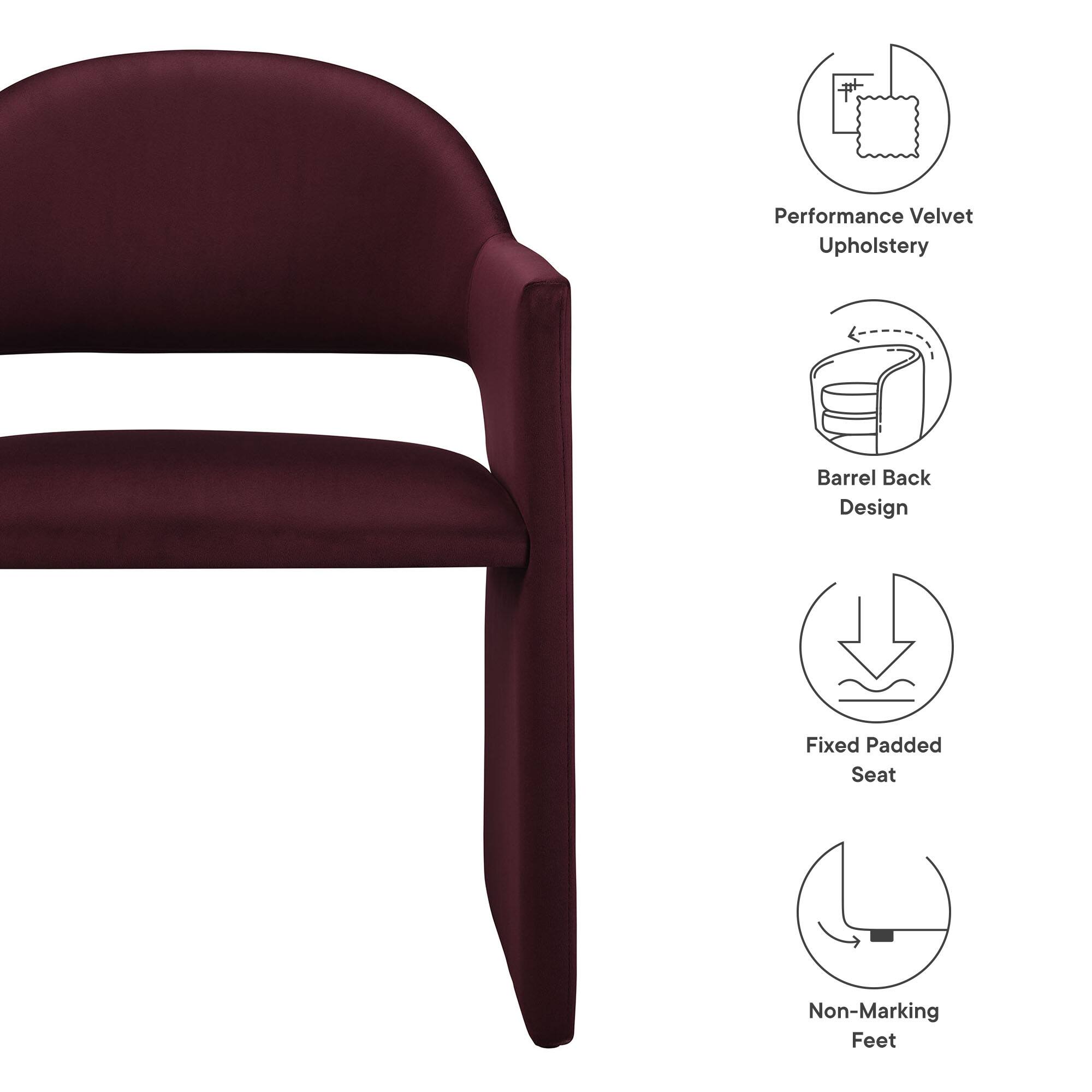 Performance Velvet Upholstery  
Barrel Back Design  
Fixed Padded Seat  
Non-Marking Feet