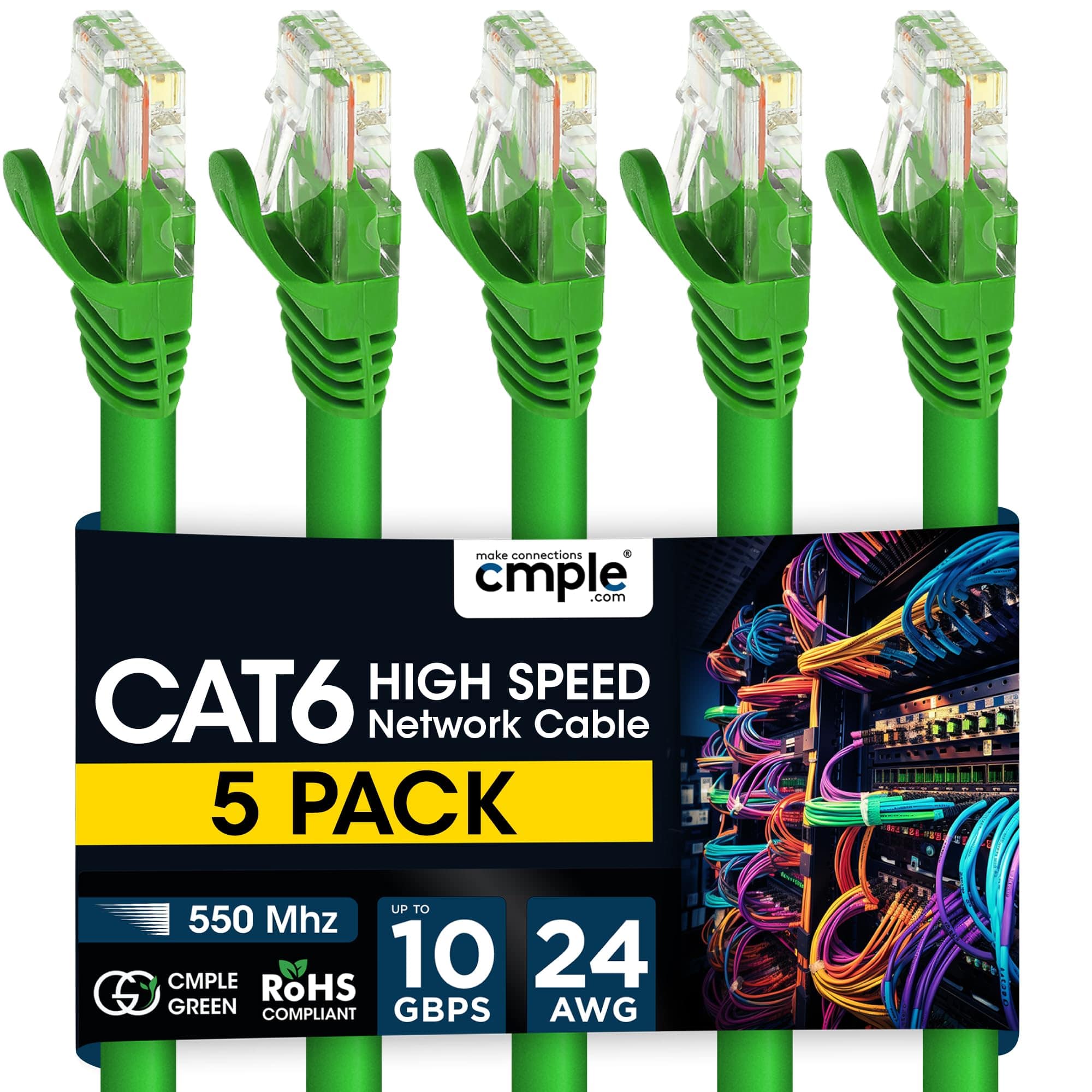Cmple.com - Cmple – 5 Pack Cat6 Ethernet Cable 10 ft, Cat6 Internet Network Cord, Ethernet Patch Cables, LAN Wire, RJ45 - Green