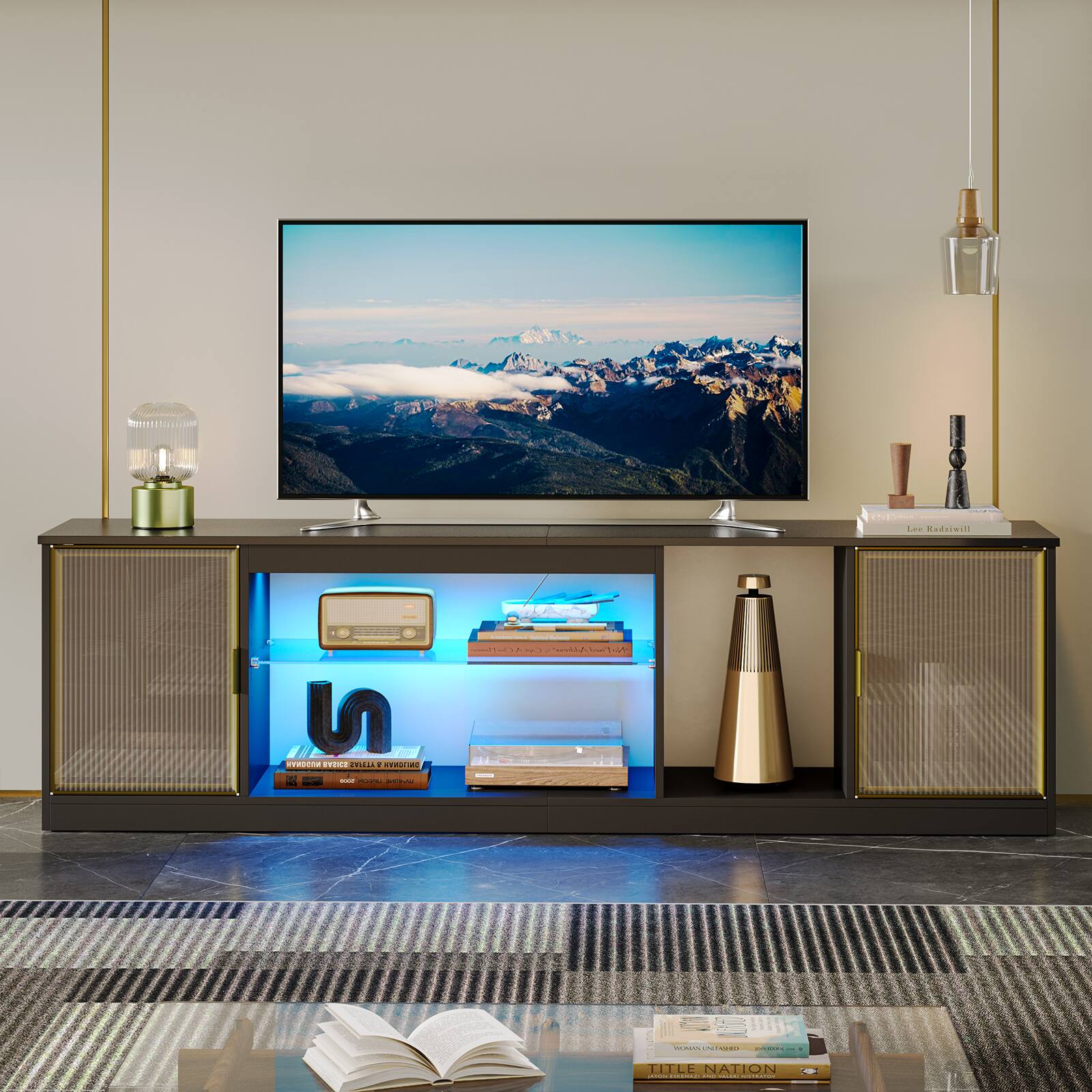 Bestier - TV Cabinet with Storage and LED Light Strips for TVs Up to 75" - Black