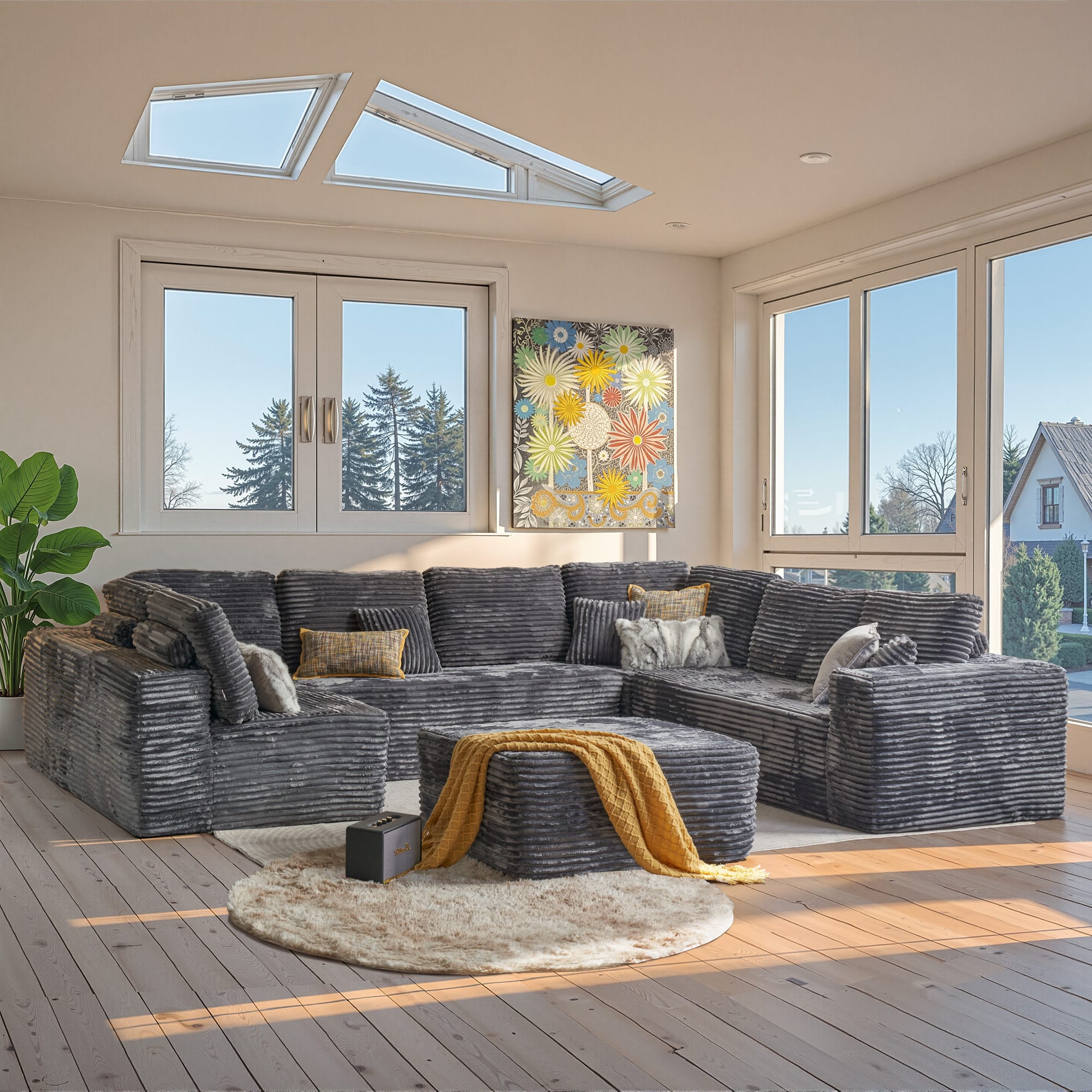 Front. Ovios - 135" Modular Sectional Cloud Sofa, U Shaped Couch with Chaise Lounge for Living Room - Grey(H8).