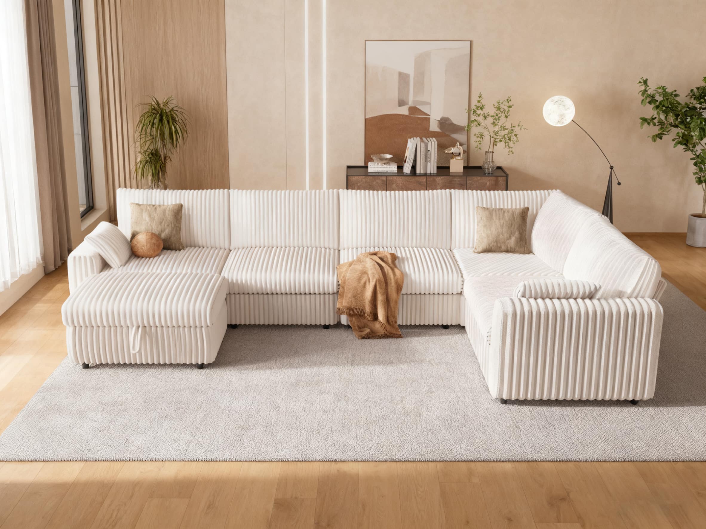 Vipbear - 161.5" Modern Oversized Modular Sectional Sofa with Storage ottoman, Plush Corduroy Fabric,Tool-Free Assembly - White