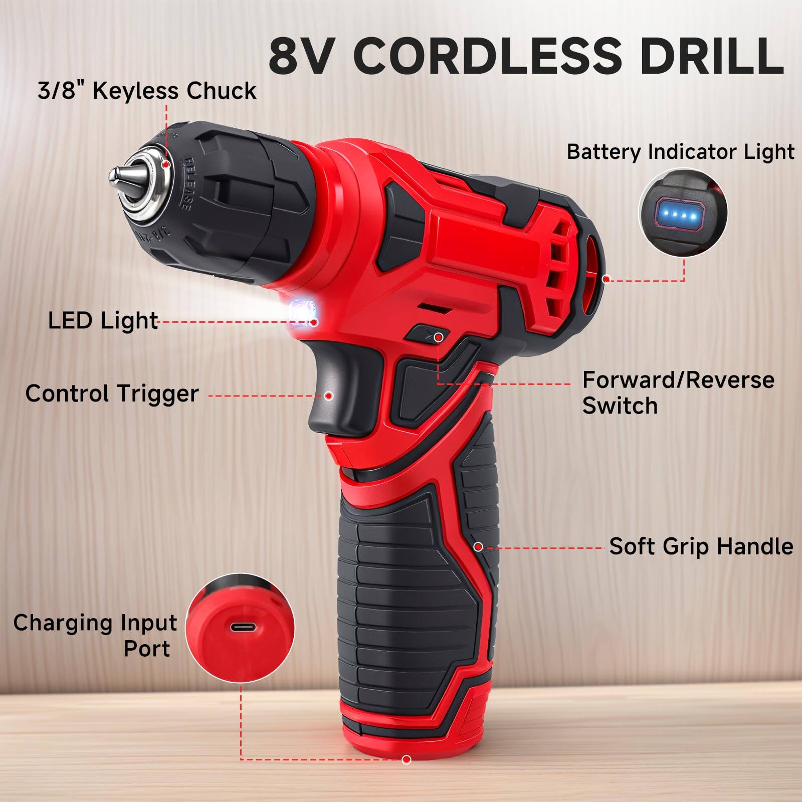 8V CORDLESS DRILL

- 3/8" Keyless Chuck
- LED Light
- Control Trigger
- Forward/Reverse Switch
- Soft Grip Handle
- Charging Input Port
- Battery Indicator Light
