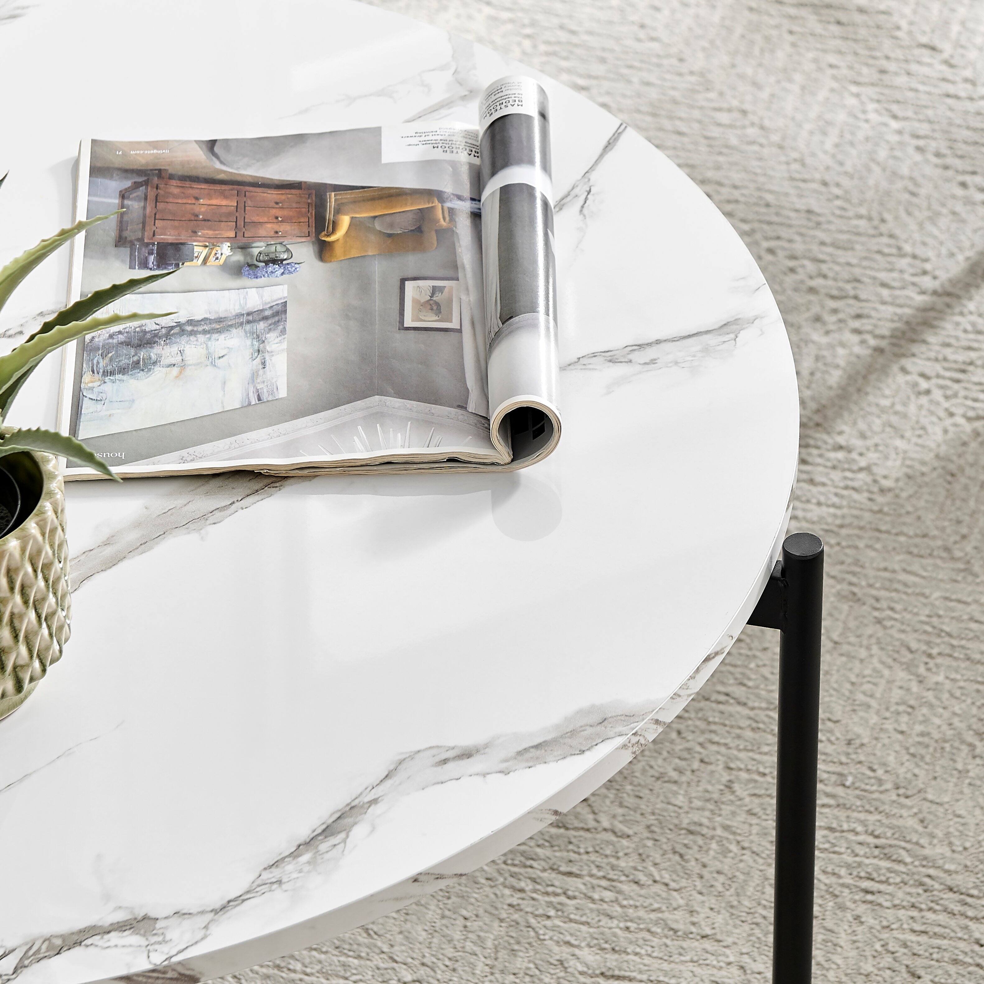 Alt View 7. Danya B - Round Marble Finish Veneer Large Coffee Table - White Marble - White, Black.