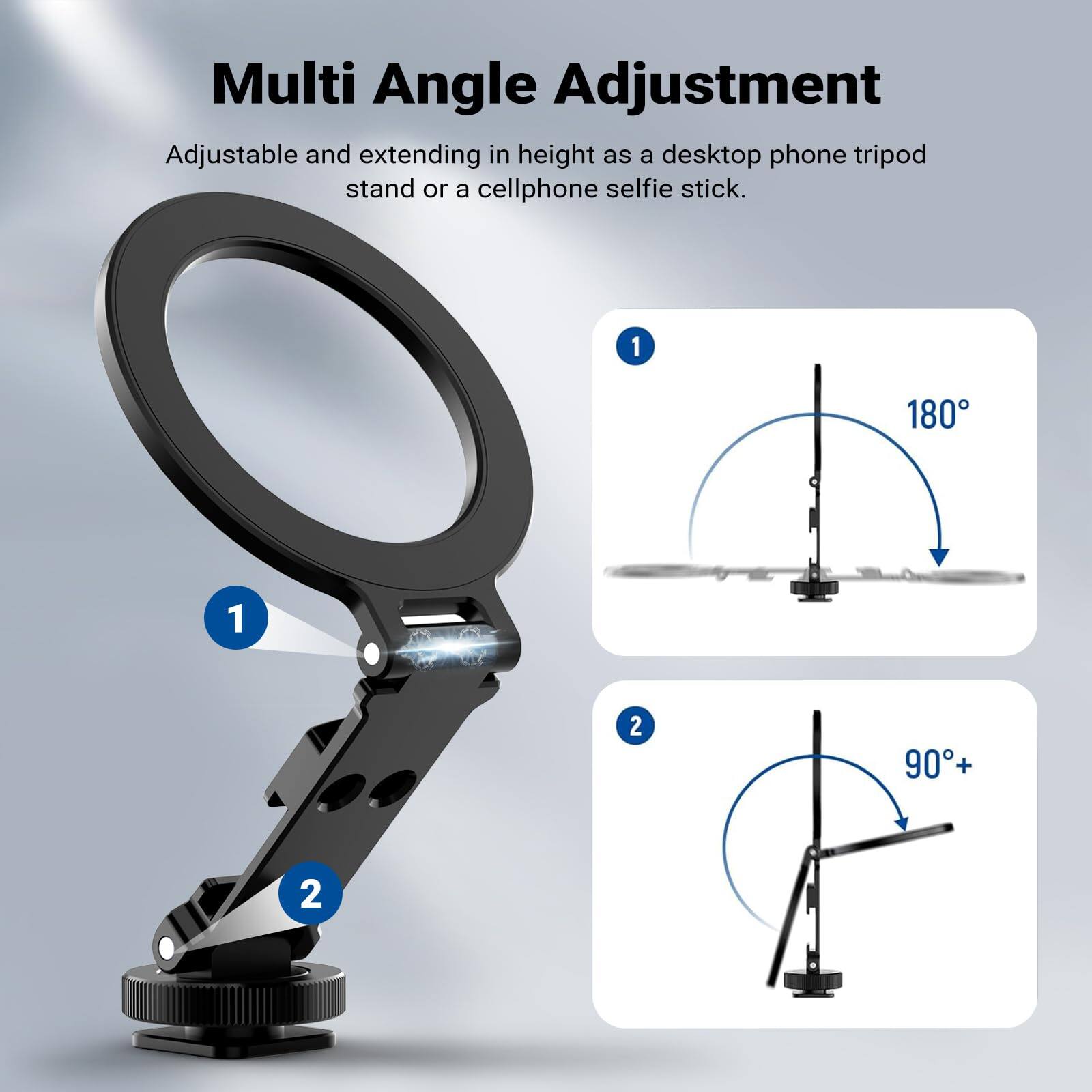 Multi Angle Adjustment

Adjustable and extending in height as a desktop phone tripod stand or a cellphone selfie stick.

1. 180°
2. 90°+