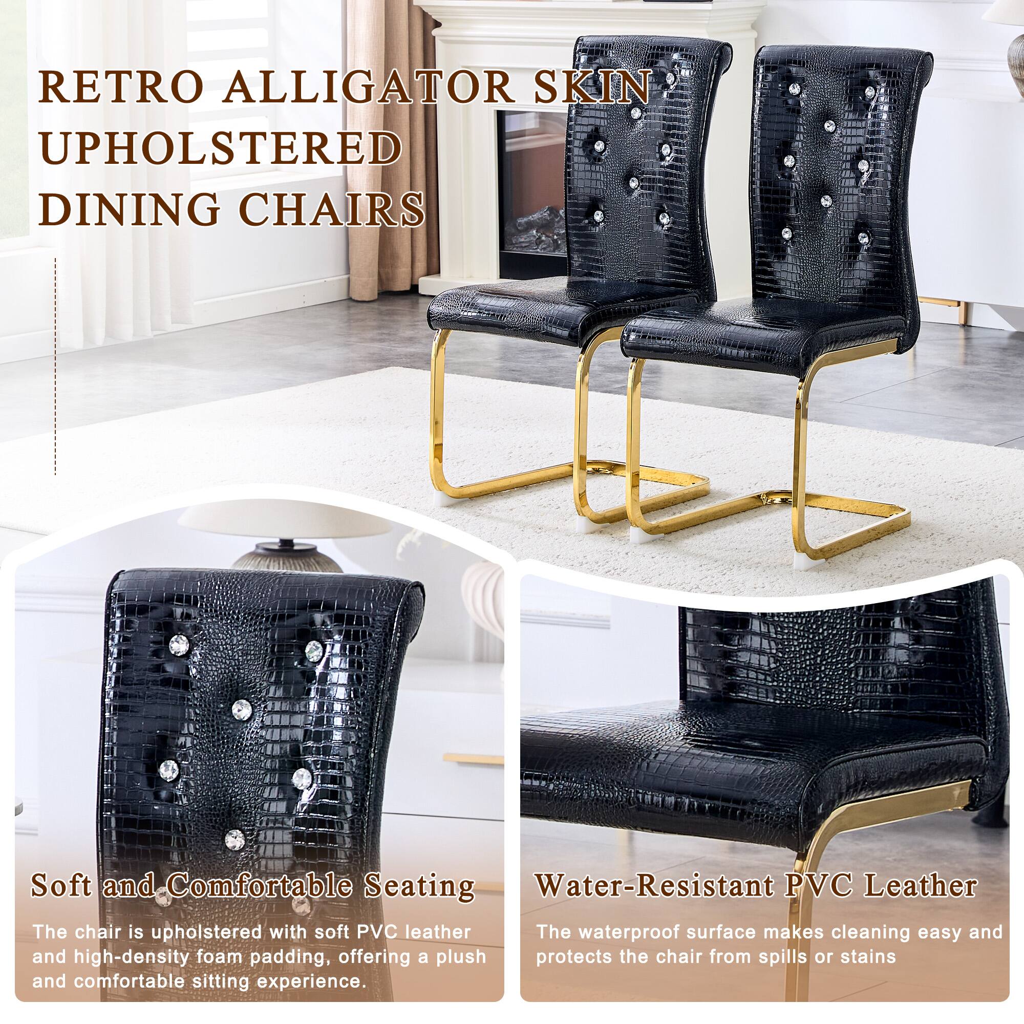 **RETRO ALLIGATOR SKIN UPHOLSTERED DINING CHAIRS**

- **Soft and Comfortable Seating**
  - The chair is upholstered with soft PVC leather and high-density foam padding, offering a plush and comfortable sitting experience.

- **Water-Resistant PVC Leather**
  - The waterproof surface makes cleaning easy and protects the chair from spills or stains.