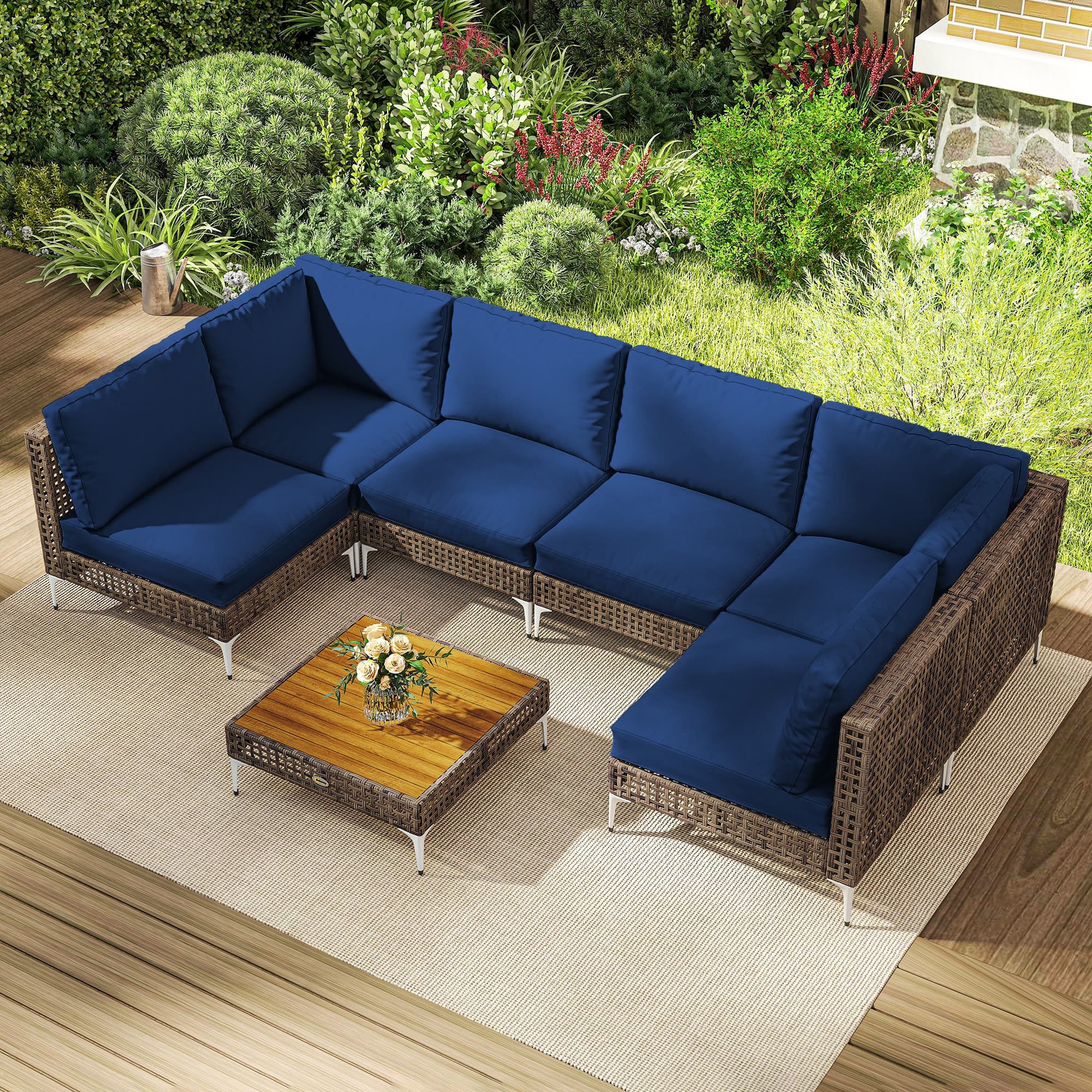 Outsunny - Piece Wicker Patio Furniture Set, Modular Outdoor Sectional with Thickened Cushions - Brown/Dark Blue