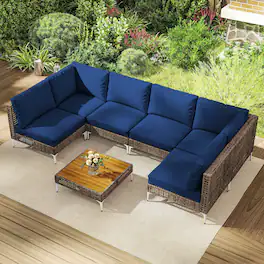Outsunny - Piece Wicker Patio Furniture Set, Modular Outdoor Sectional with Thickened Cushions - Brown/Dark Blue