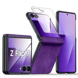 Dteck - Rugged Case for Samsung Galaxy Z Flip7 Shockproof PU Leather Hinge Protection Cover Built-in Front Screen Protector - Purple