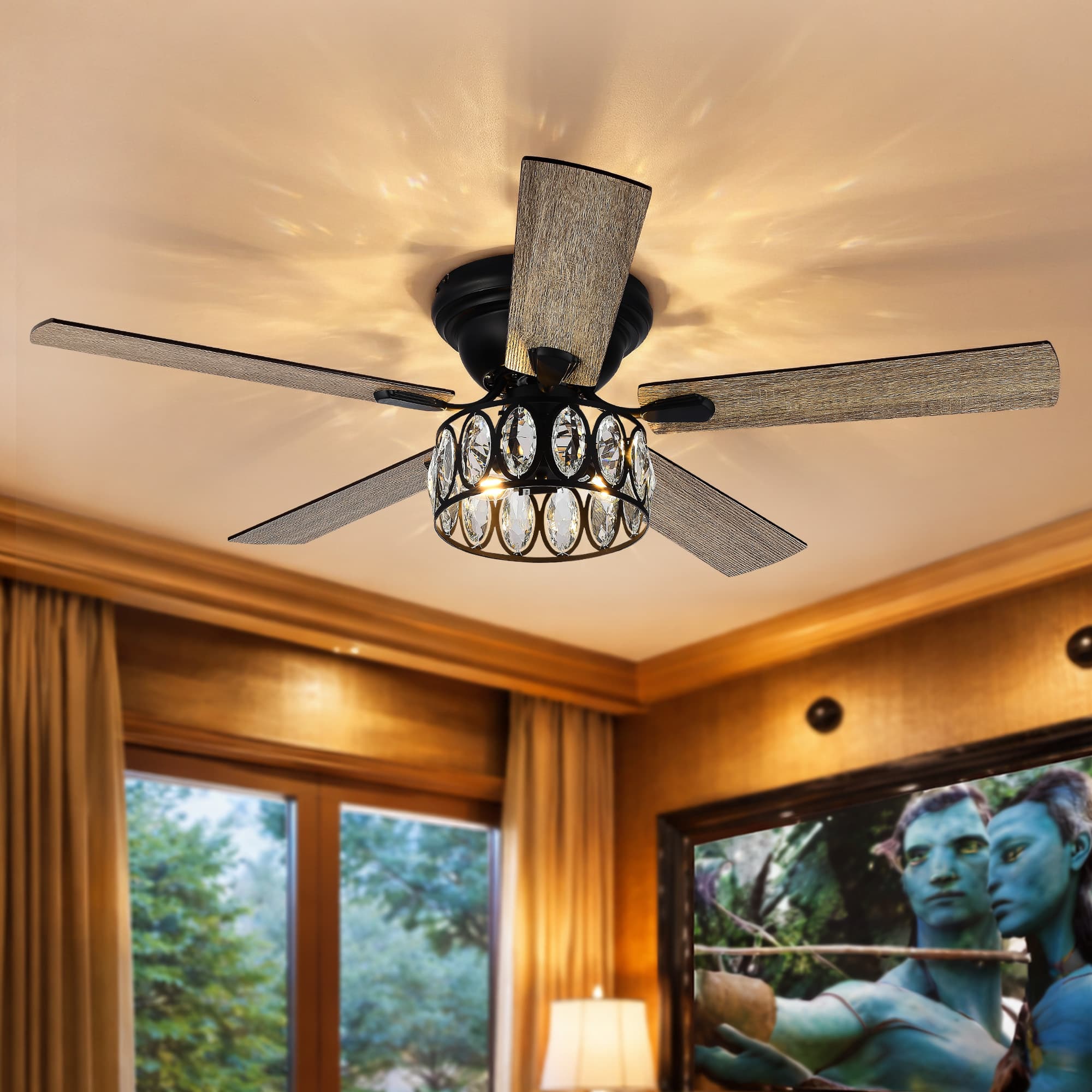 Front. Breezary - 52'' Flush Mount Ceiling Fan with Light Kit, Low Profile Indoor Crystal Fan, 5 Blades, 6-Speed DC Motor, Remote, Timer - Black with Two-tone Wood Grain Blades.