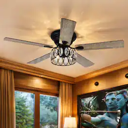 Breezary - 52'' Flush Mount Ceiling Fan with Light Kit, Low Profile Indoor Crystal Fan, 5 Blades, 6-Speed DC Motor, Remote, Timer - Black with Two-tone Wood Grain Blades