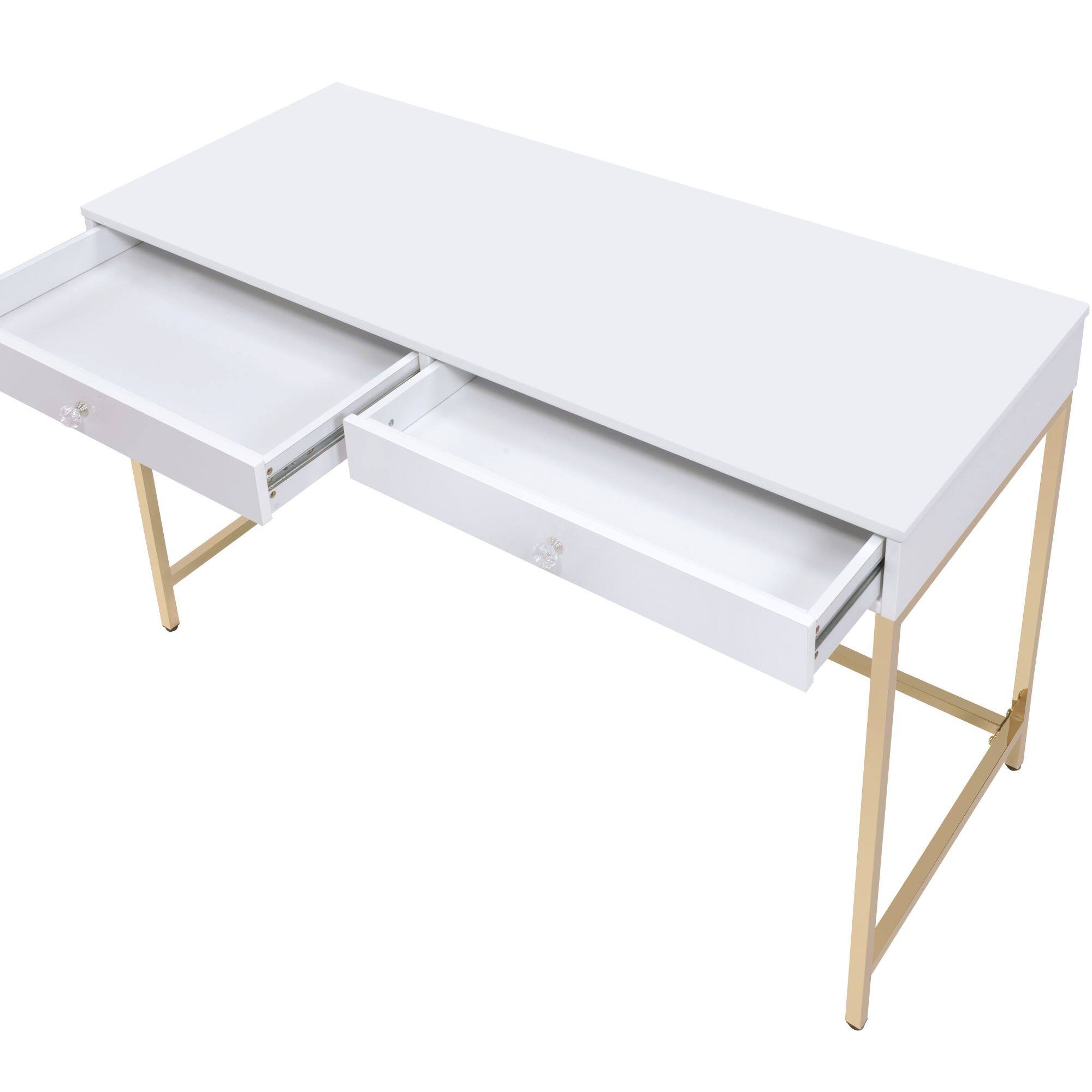 Alt View 7. GOODSILO - Contemporary High Gloss Writing Desk with Metal Base and Two Storage Drawers for Modern Office - Gloss White.