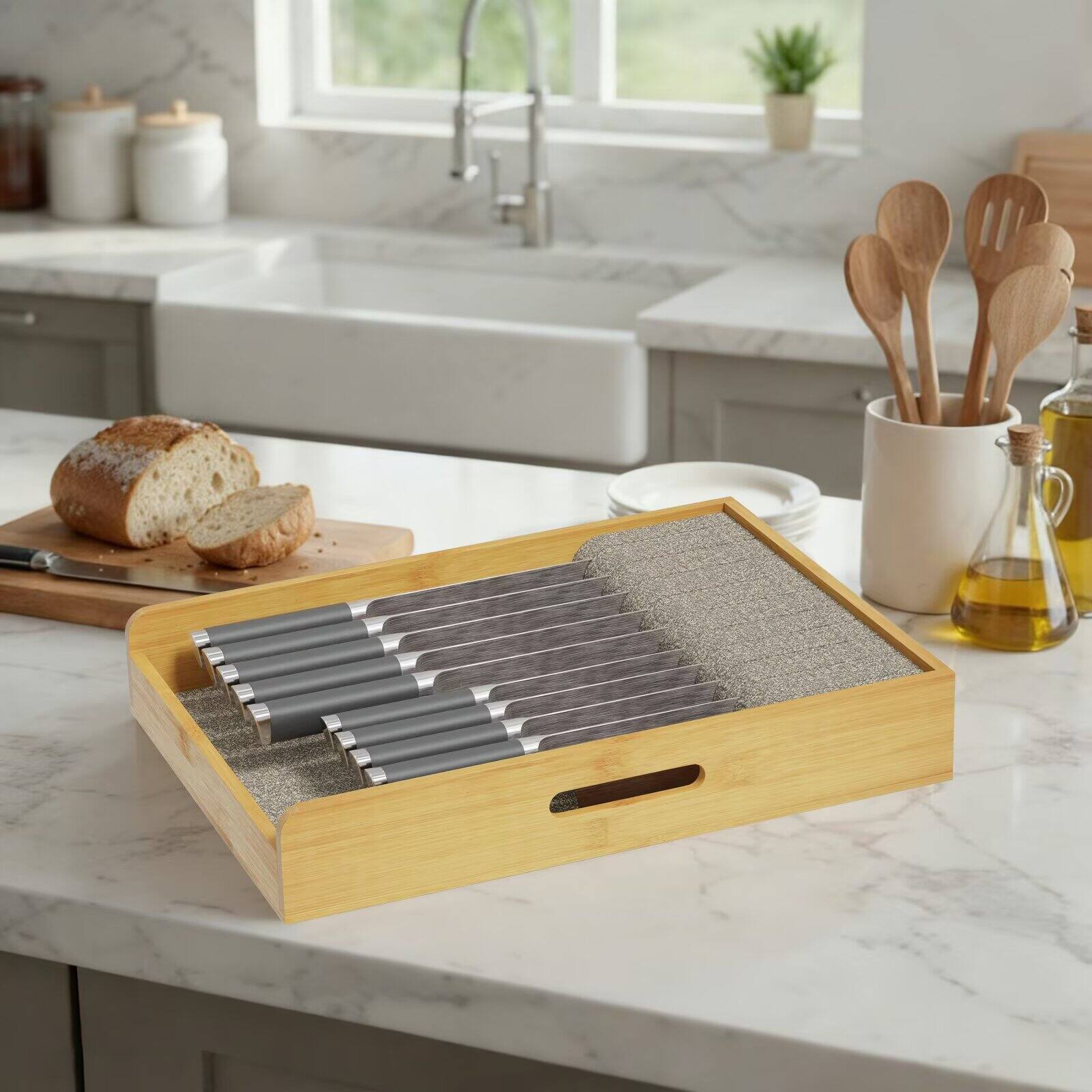 Left. Tooloton - Bamboo Drawer Organizer Tray, Knife Holder Insert for Kitchen Flatware Storage (Large, Natural) - Natural.