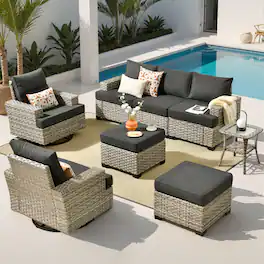 Ovios - 8 PCS Patio Furniture Set, Sectional Sofa with Swivel Chairs, Side Table and Ottoman for Porch - Black