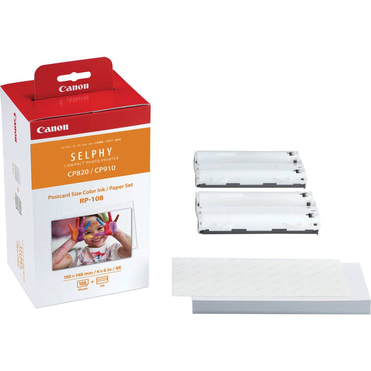 Canon SELPHY PHOTO PRINTER COMPACT CP820 / CP910 Paper Set Color Ink Postcard Size RP-108  
100x 148 mm/4x6in/4R  
108 + Ink Sheets