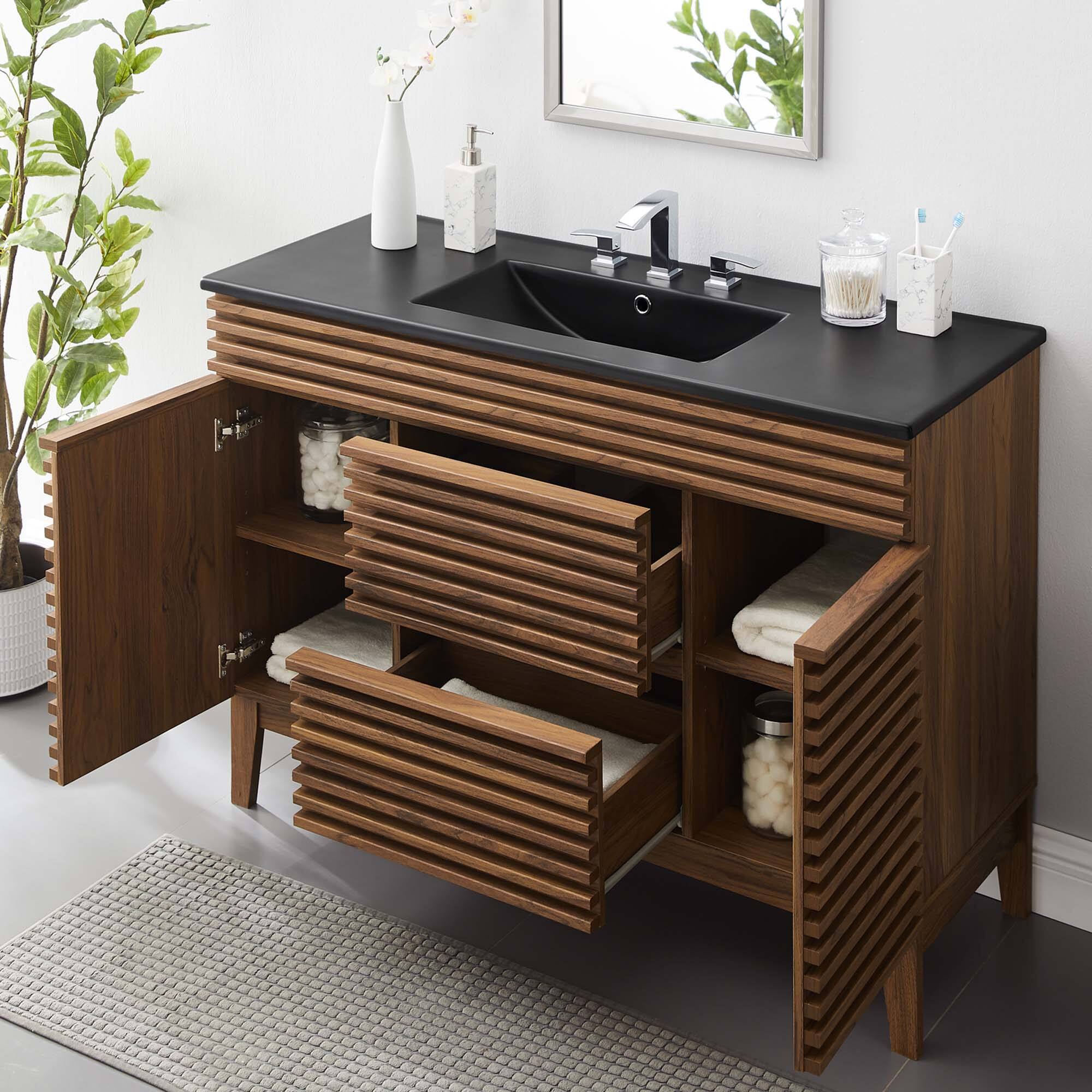 Left. Modway - Render 48" Bathroom  Vanity with Black Basin Included - Walnut Black.