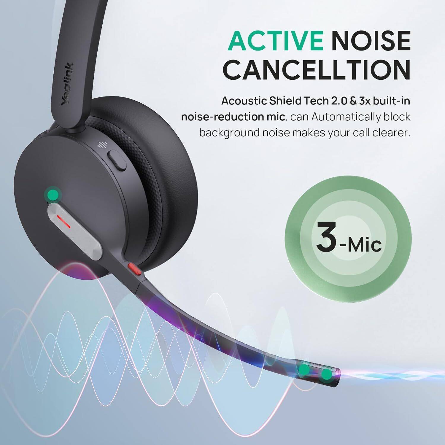 Yealink ACTIVE NOISE CANCELLTION Acoustic Shield Tech 2.0 & 3x built-in noise-reduction mic, can Automatically block background noise makes your call clearer. 3-Mic