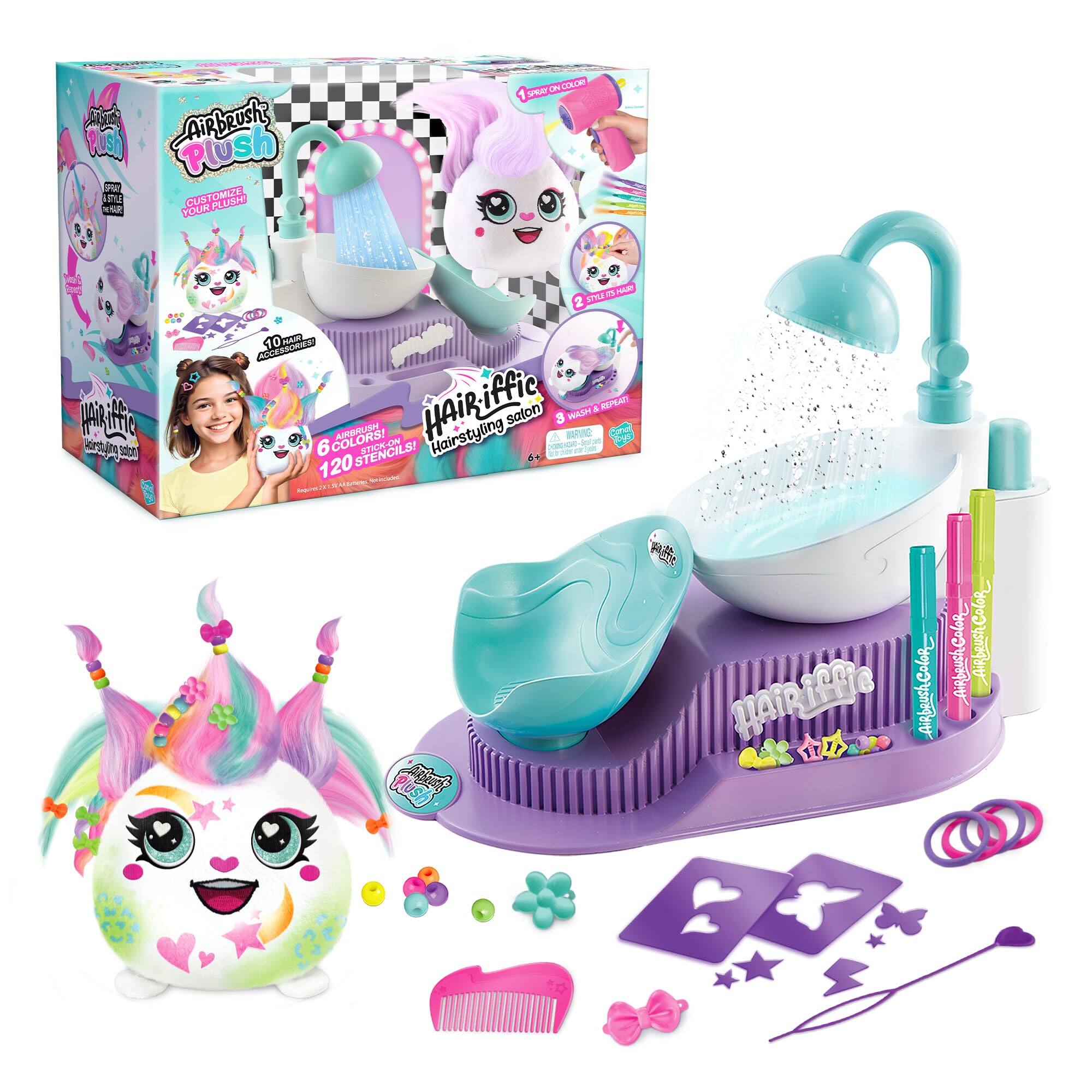 AirBrush Plush  
Customize Your Plush  
Hairiffic Hairstyling Salon  

10+ Minutes of Play  
6 Airbrush Colors  
120 Stencils  

AirBrush Color  
AirBrush Color  
AirBrush Color  

Hairiffic Hairstyling Salon  

1+ Years  
4+ Years  

Wash & Repeat  
Style & Play  

Hairiffic