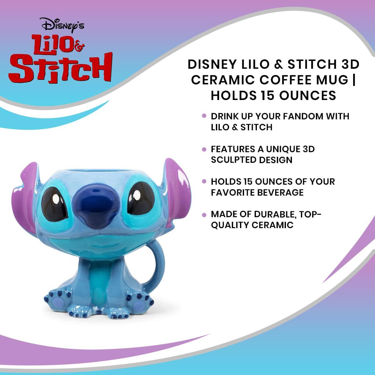 Disney's Lilo & Stitch

DISNEY Lilo & Stitch 3D CERAMIC COFFEE MUG | HOLDS 15 OUNCES

- DRINK UP YOUR FANDOM WITH Lilo & Stitch
- FEATURES A UNIQUE 3D SCULPTED DESIGN
- HOLDS 15 OUNCES OF YOUR FAVORITE BEVERAGE
- MADE OF DURABLE, TOP-QUALITY CERAMIC