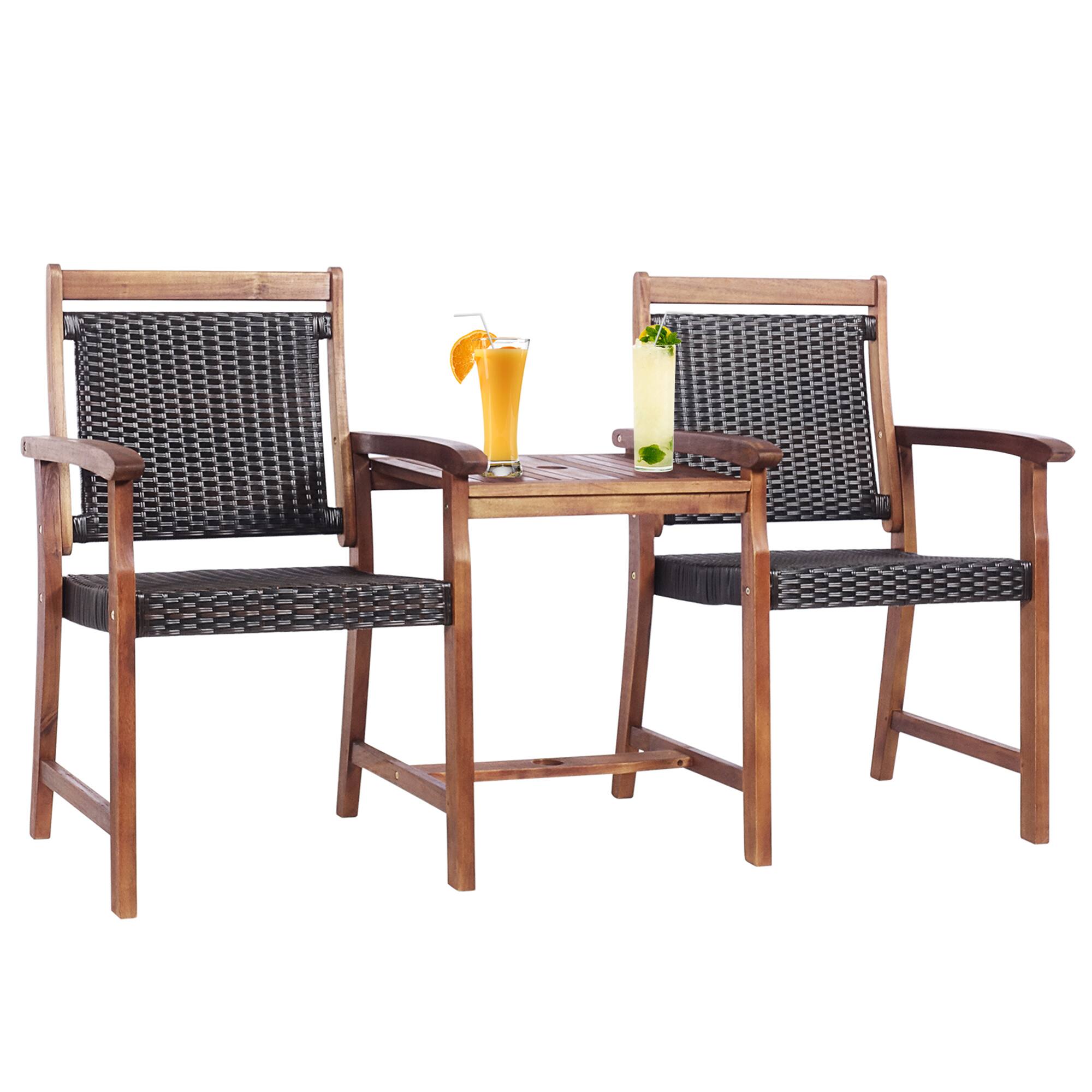 Alt View 1. Gymax - Gymax Patio Acacia Wood Conversation Companion Bench Loveseat Chair with Side Table - Reddish Brown.