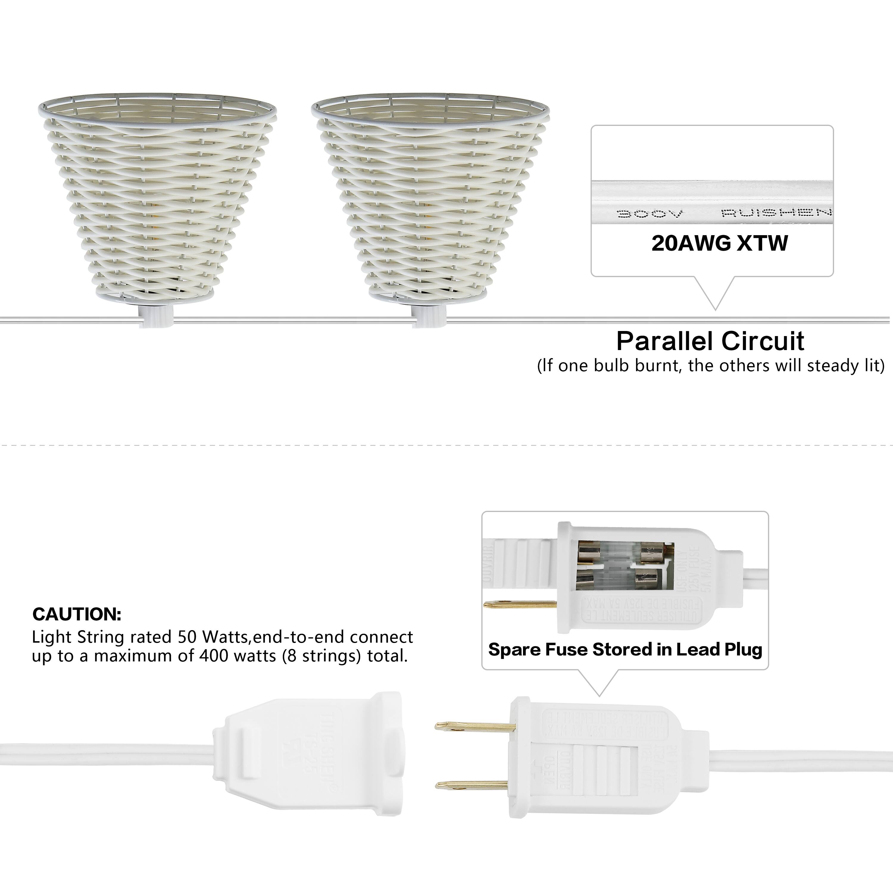 VODE I 20AWG WTX Parallel Circuit (If one bulb burnt, the others will steady lit)  
CAUTION: Light String rated 50 Watts, end-to-end connect up to a maximum of 400 watts (8 strings) total.  
Spare Fuse Stored in Lead Plug