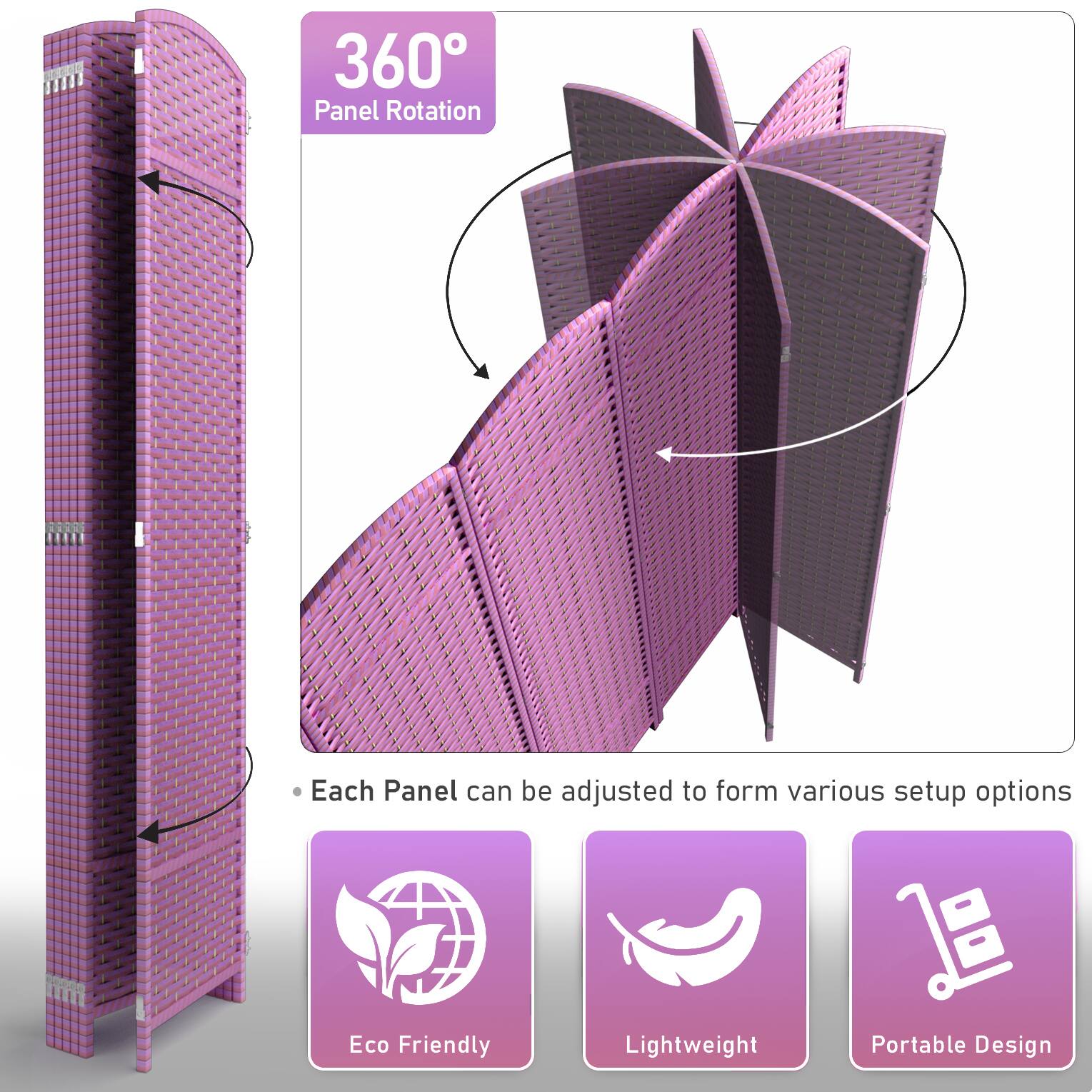 360° Panel Rotation

Each Panel can be adjusted to form various setup options

- Eco Friendly
- Lightweight
- Portable Design