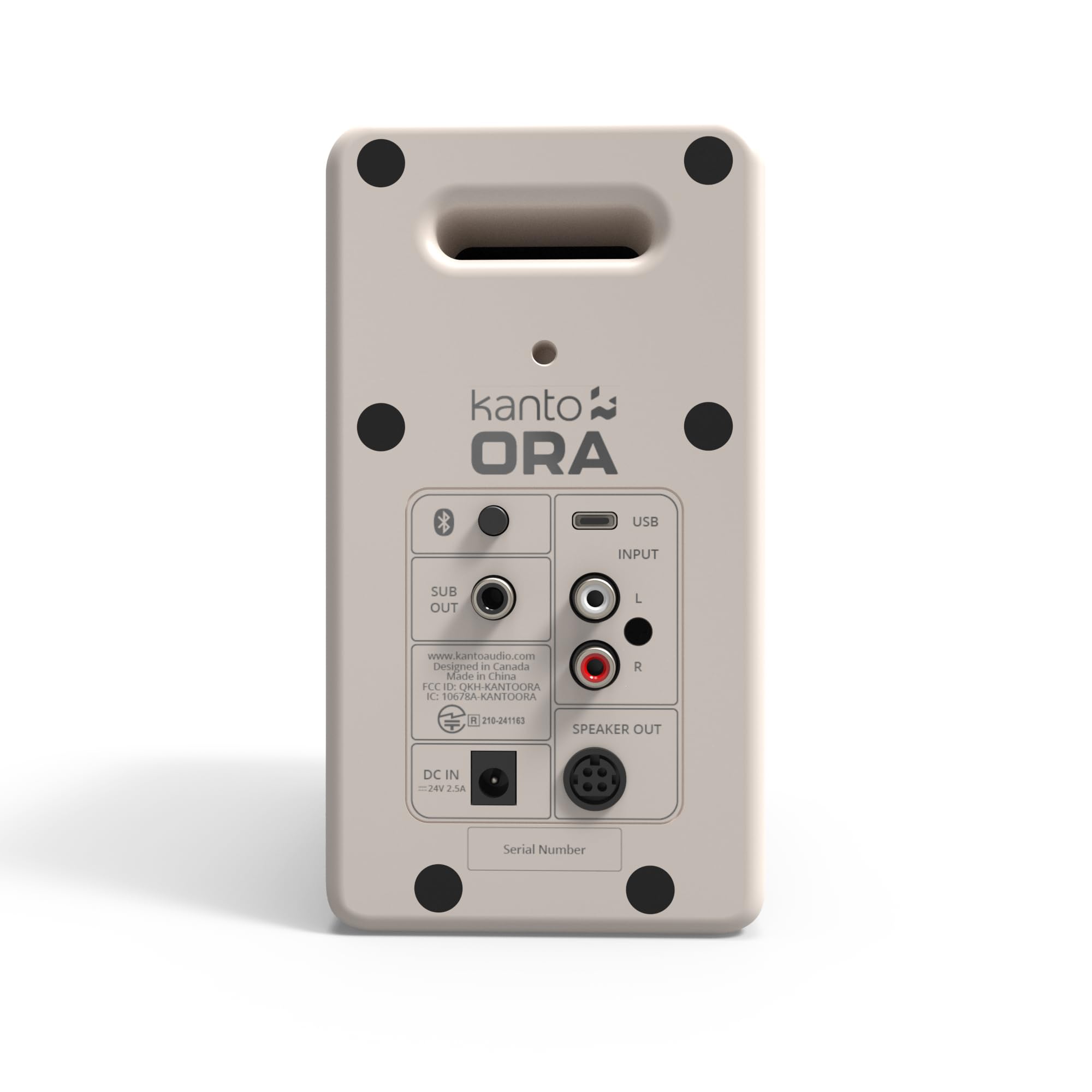 kanto  
ORA  

USB  
INPUT  
L  
R  

SUB OUT  

SPEAKER OUT  

DC IN  
24V 2.5A  

www.kantoaudio.com  
Designed in Canada  
Made in China  
FCC ID: KOR-KANTOORA  
IC: 1067RA  
C118-241183  

Serial Number  

m280