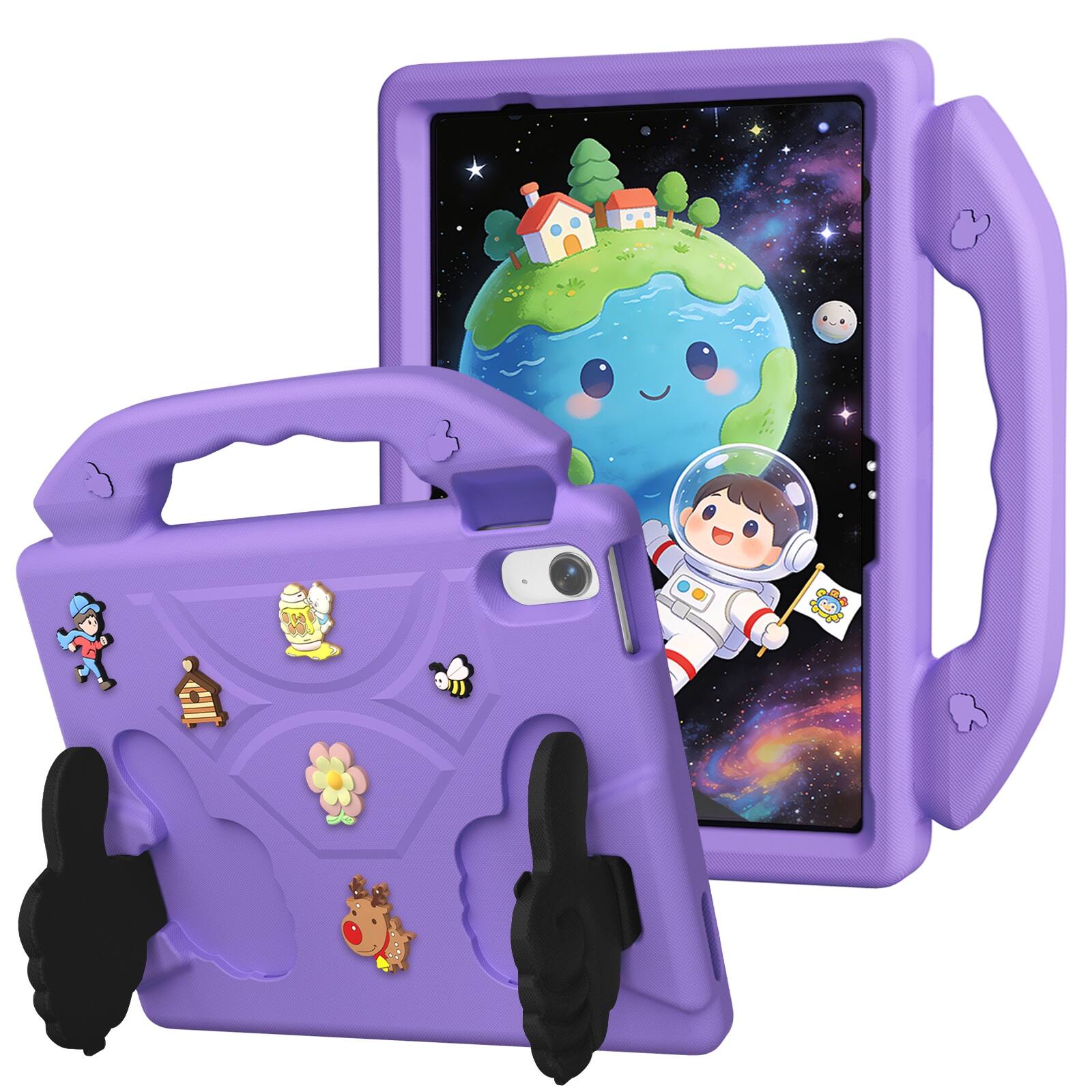 Angle. UUCOVER - Kids Case for iPad (A16) 11-inch 2025 / iPad 10th Gen 2022 Cute Shockproof EVA Handle Stand Anti-Slip Protective Cover - Lightpurple.