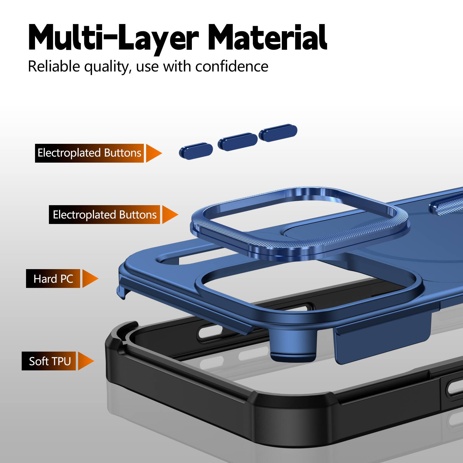 Multi-Layer Material  
Reliable quality, use with confidence  

- Electroplated Buttons  
- Electroplated Buttons  
- Hard PC  
- Soft TPU