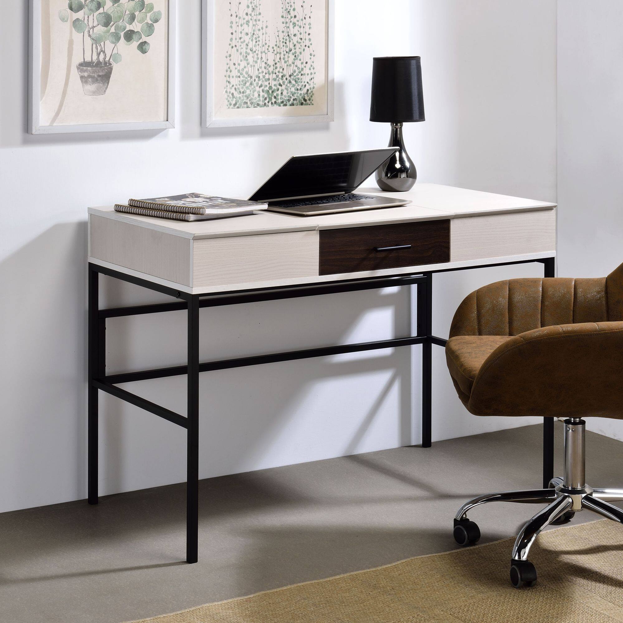 Angle. GOODSILO - Modern Writing Desk with USB Charging Port and Storage Drawer for Home Office Workspace - Black+Natural.