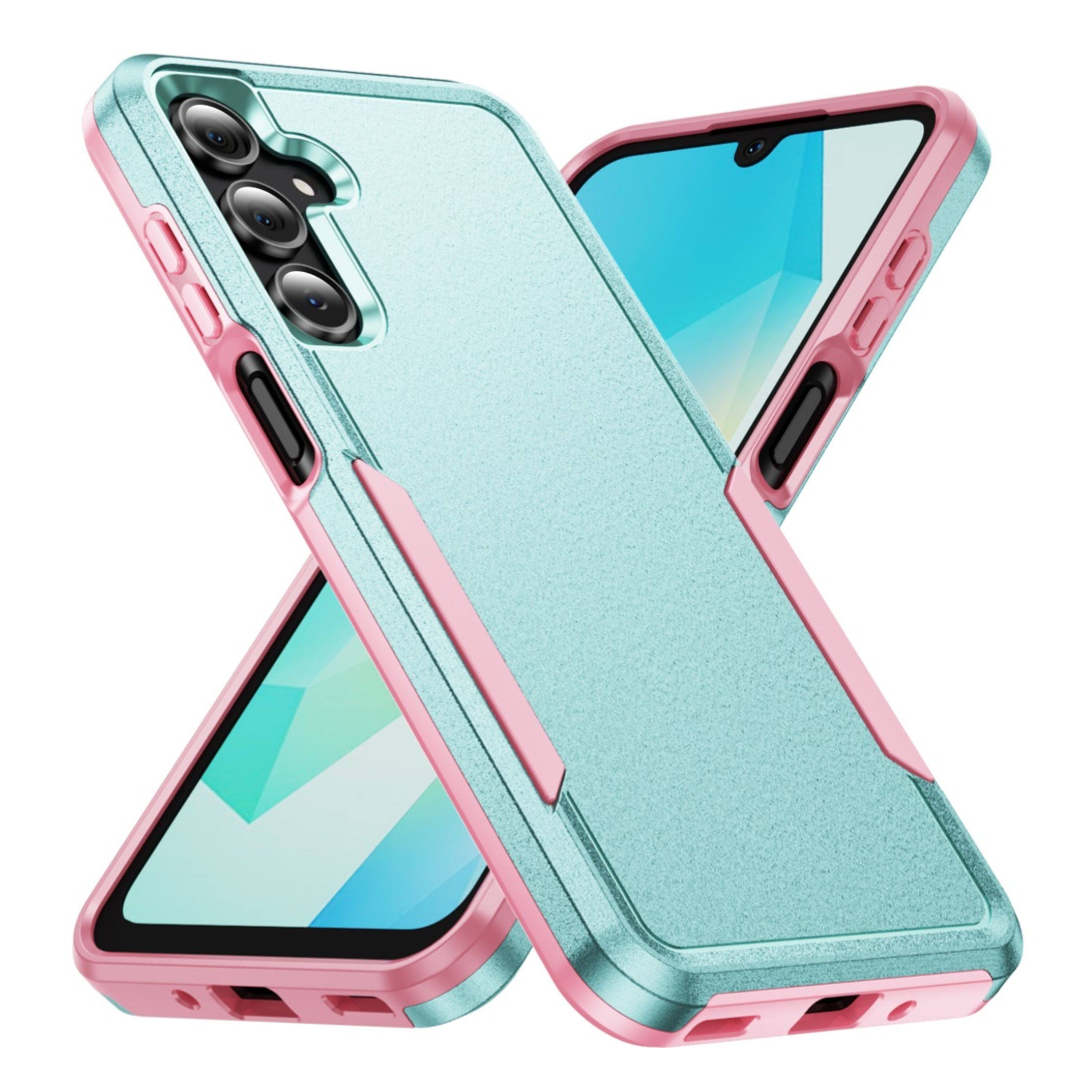 Left. Kitcheniva - Fused Rugged Shockproof Phone Case With Tempered Glass For Samsung Galaxy A16 5G Teal/Pink - Teal/Pink.