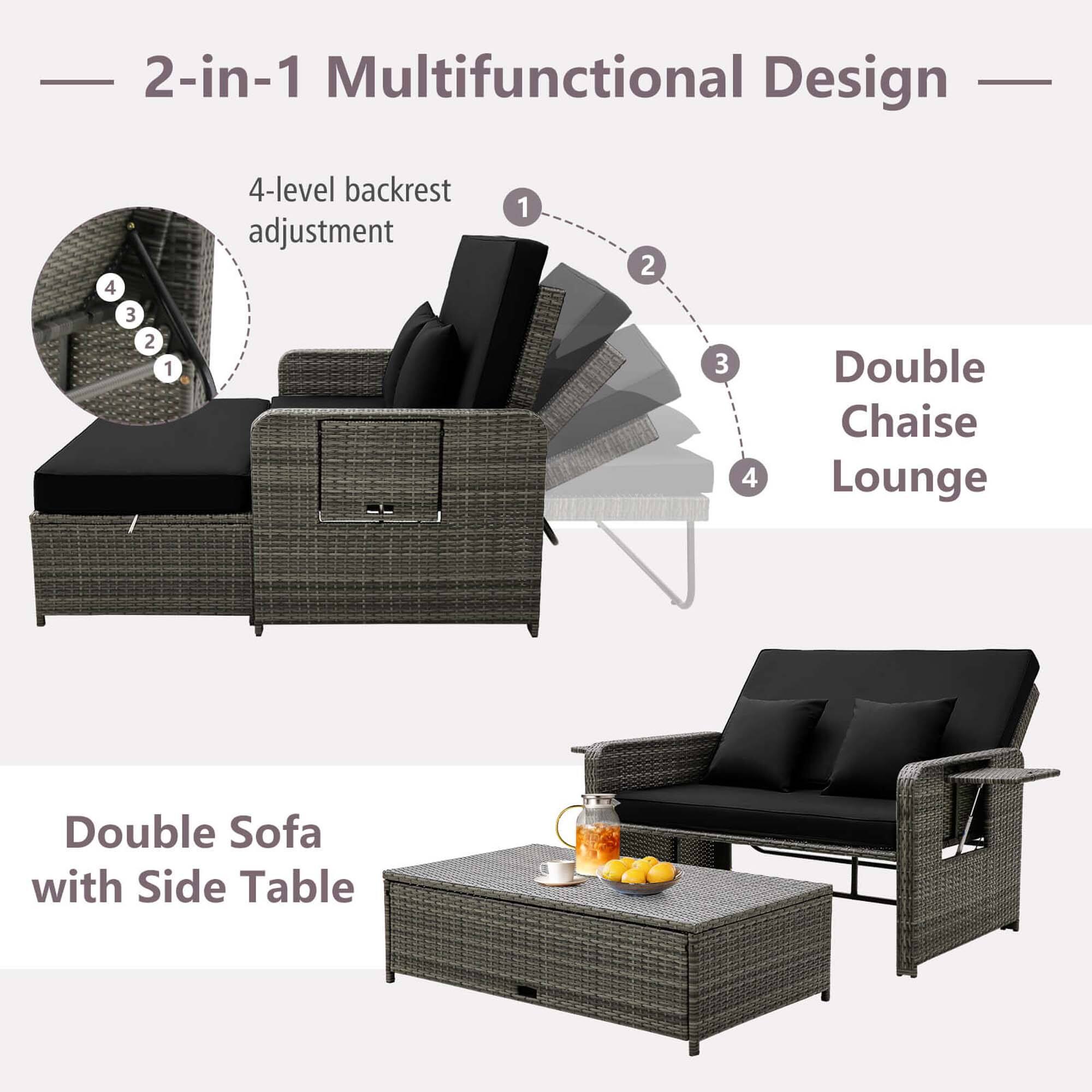 2-in-1 Multifunctional Design: 4-level backrest adjustment, Double Chaise Lounge, Double Sofa with Side Table.
