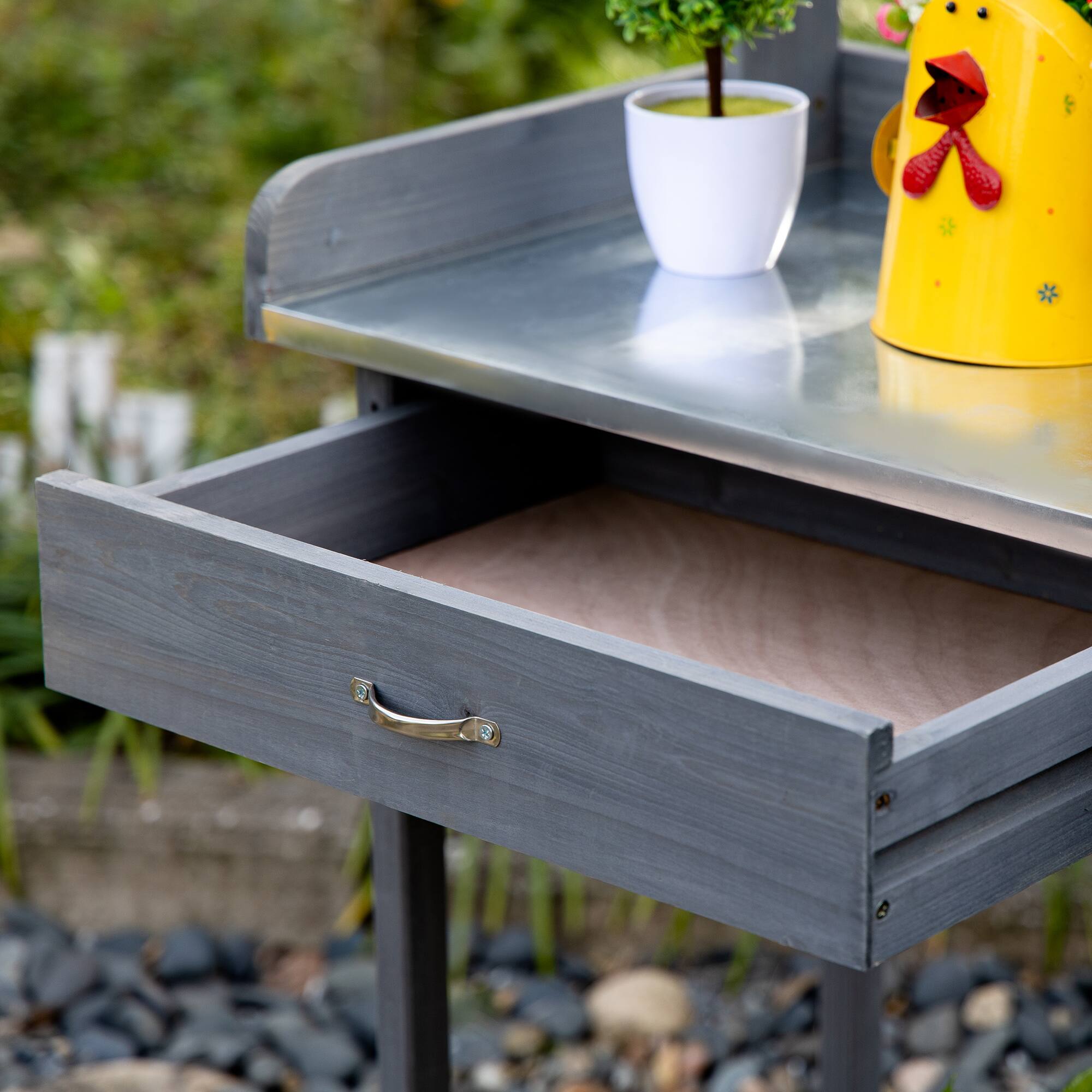 Alt View 8. Outsunny - Outdoor Potting Bench Table, Garden Work Station with Storage Cabinet, Open Shelf and Steel Tabletop - Grey.