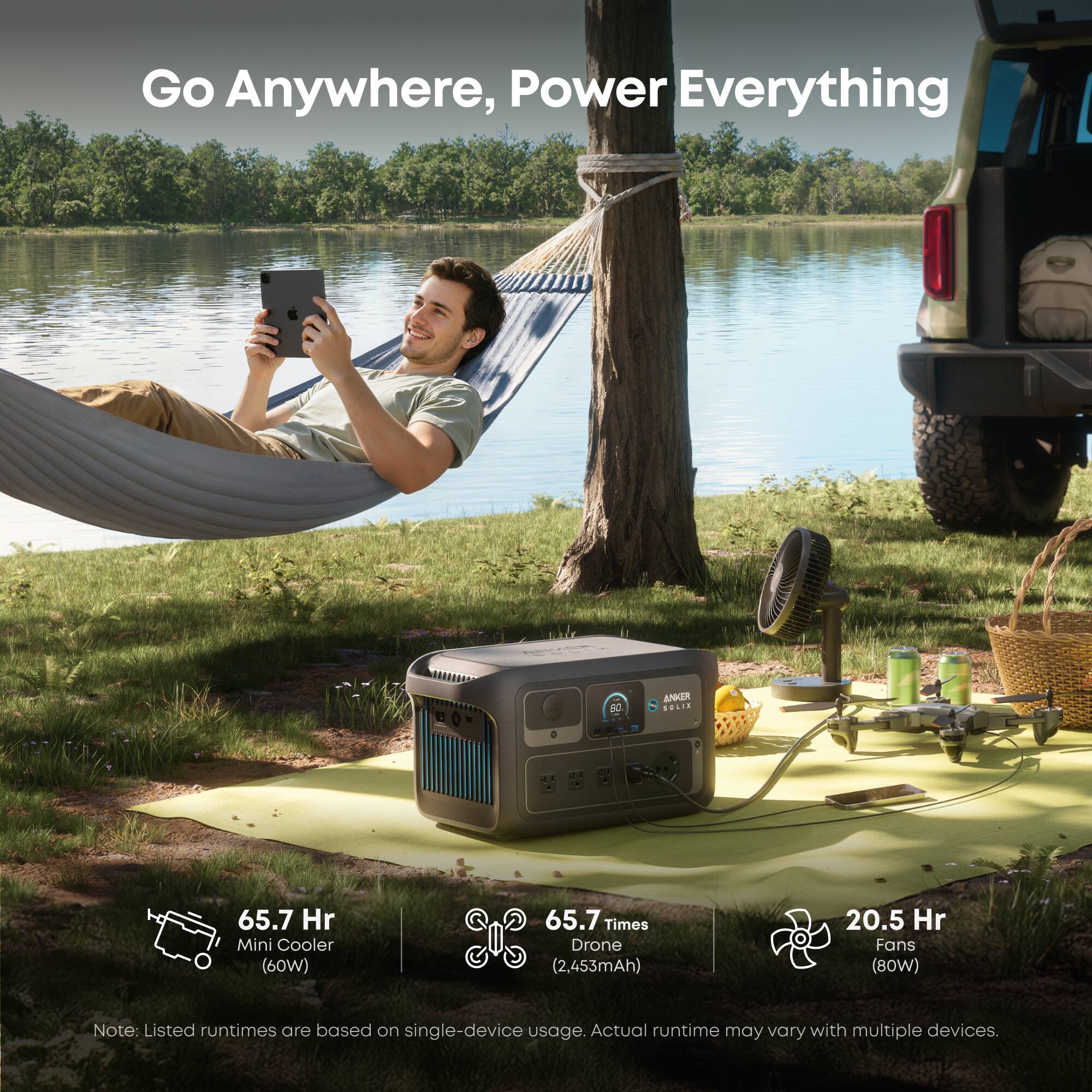 Go Anywhere, Power Everything

50 ANKER SOLIS 65.7 Hr Mini Cooler (60W)  
65.7 Times Drone (2,453mAh)  
20.5 Hr Fans (80W)  

Note: Listed runtimes are based on single-device usage. Actual runtime may vary with multiple devices.