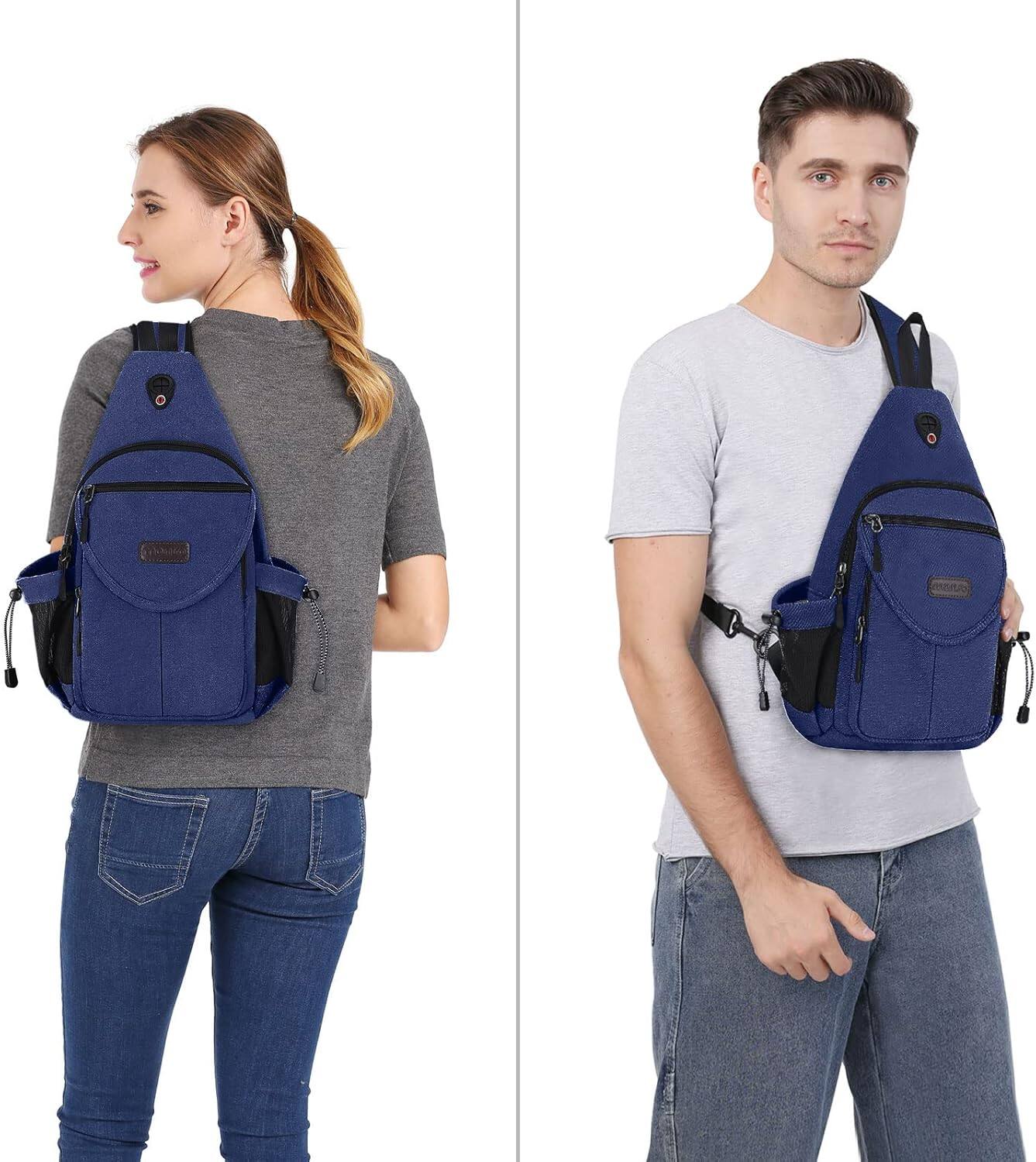Alt View 3. mosiso - Sling Backpack Canvas Crossbody Hiking Daypack Bag with Anti-theft Pocket - Navy Blue.