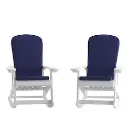 Emma + Oliver - Marcy Set of 2 All-Weather Poly Resin Adirondack Rocking Chairs with Cushions - Blue Cushions/White Frame