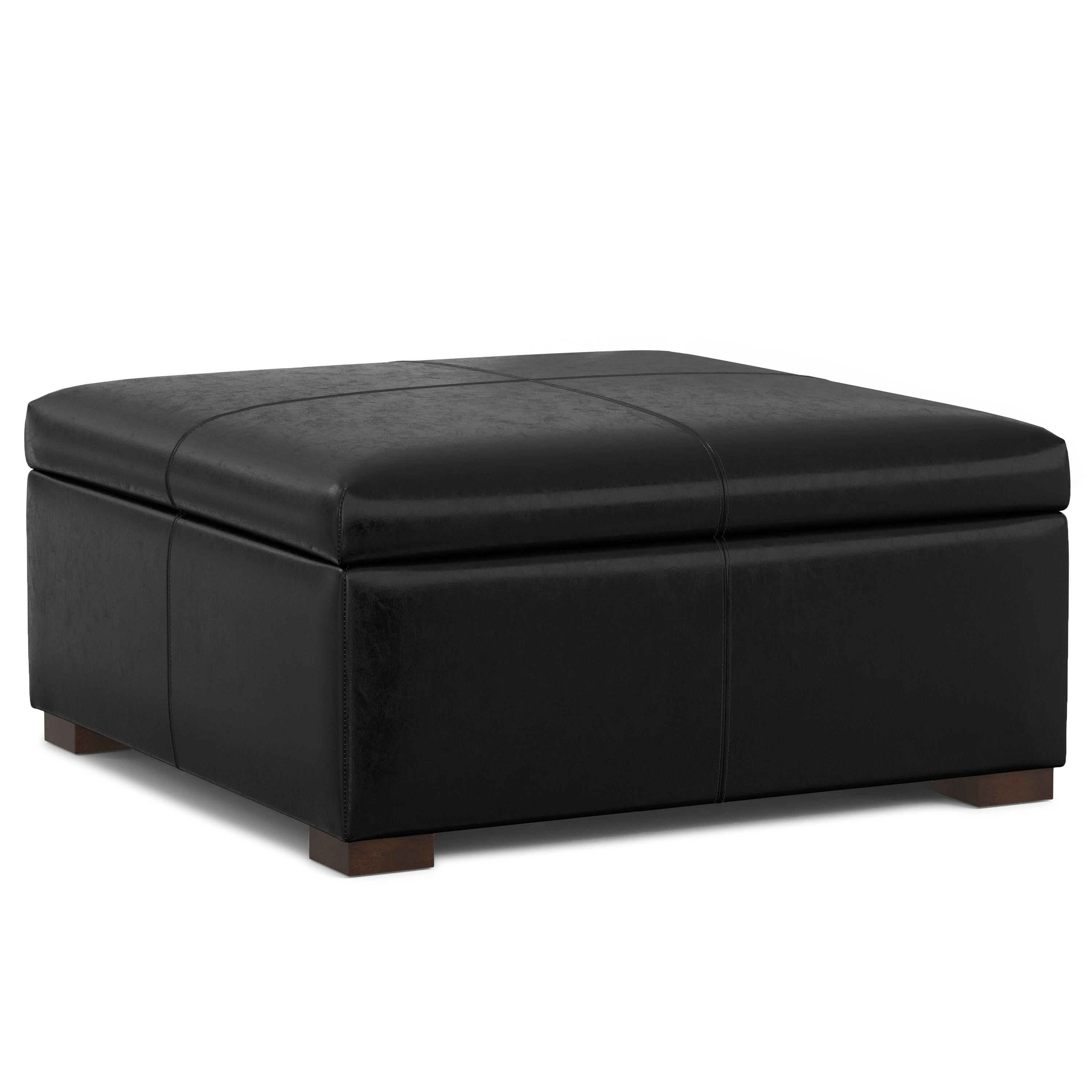 Alt View 2. Simpli Home - Gabbie 36 inch Wide Square Coffee Table Storage Ottoman in Midnight Black PU Vegan Leather - Midnight Black.