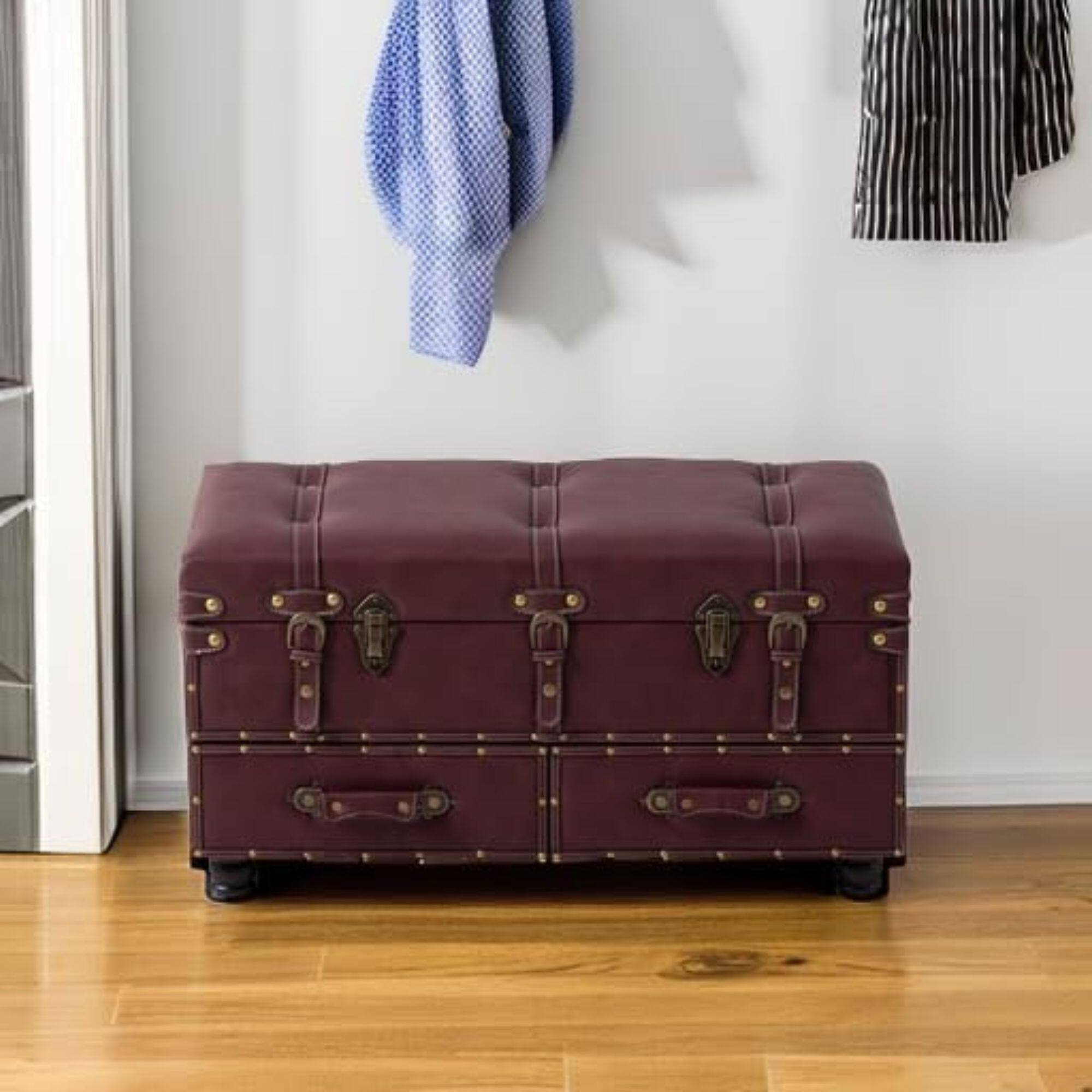 Alt View 4. COZAYH - COZAYH Vintage Storage Bench, Upholstered Wooden Ottoman Bed Chest Box, Magenta - Dark Magenta.
