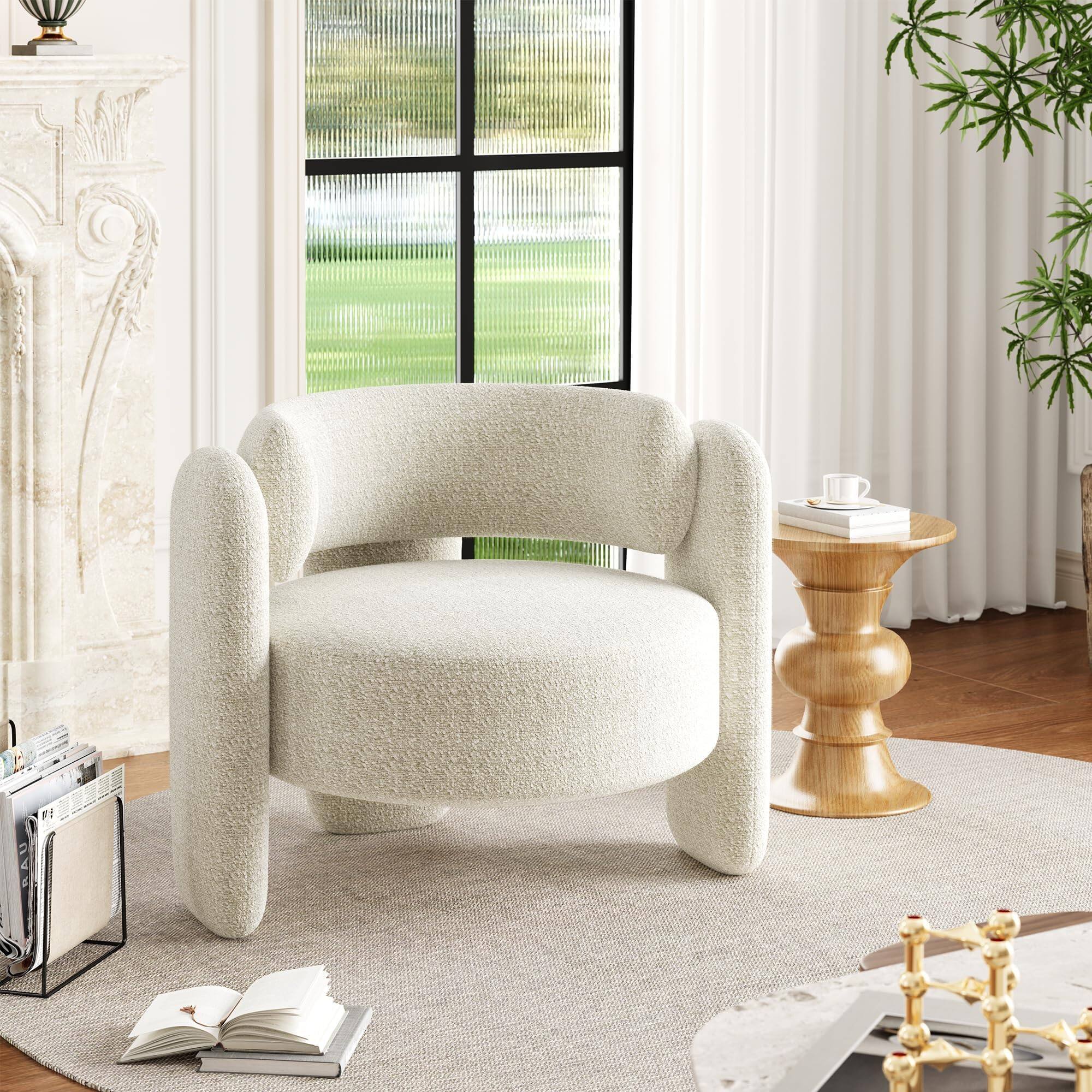 Jojoka - Modern Barrel Accent Chair, Mid-Century Upholstered Chenille Armchair, Round Corners - White