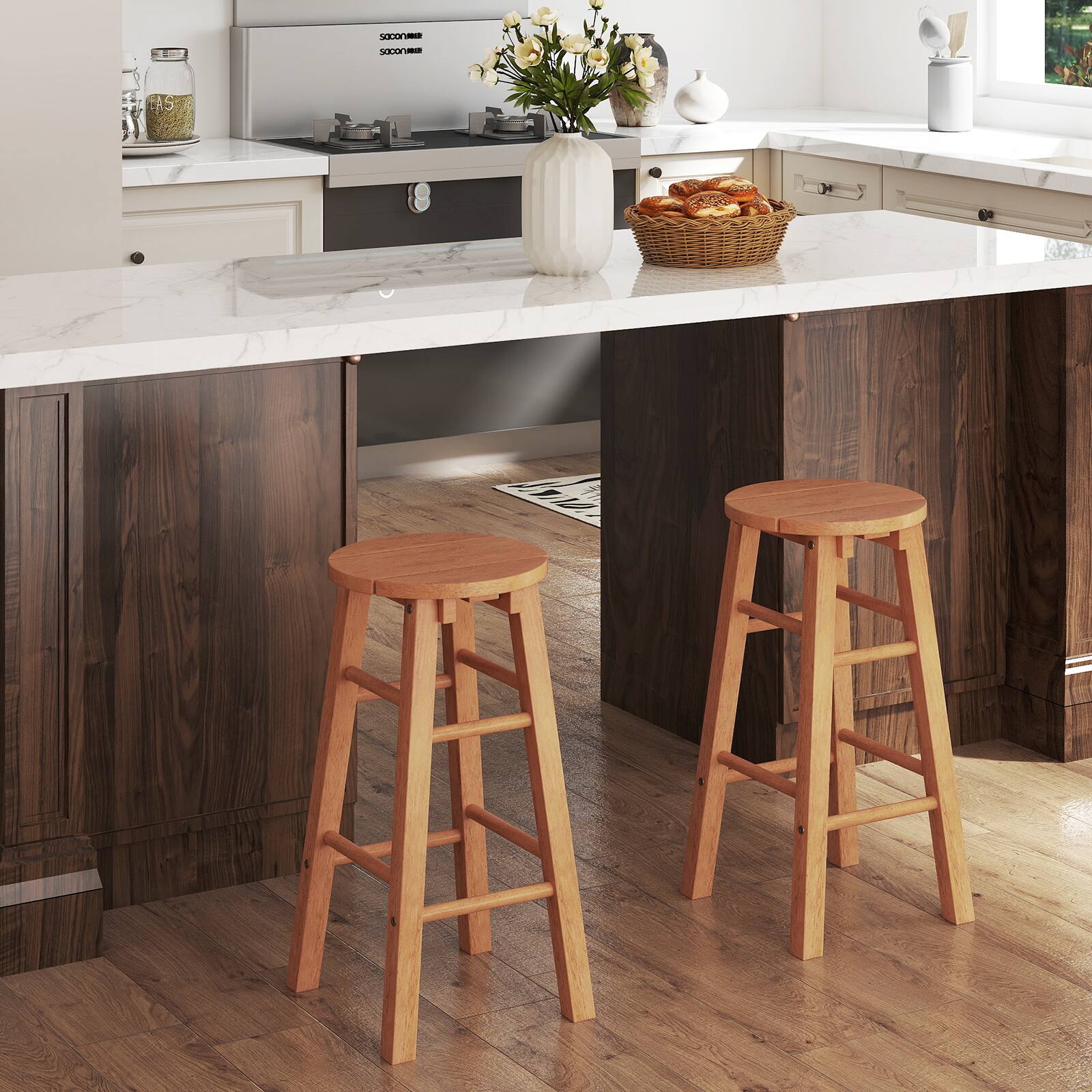 Alt View 3. Gymax - Gymax 24-Inch Outdoor Wood Bar Stools Set of 2 w/ Round Seat Footrest for Garden - Natural.