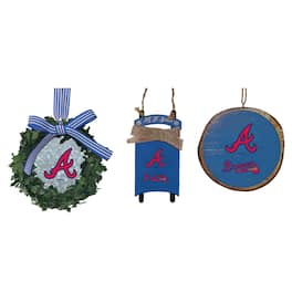 The Memory Company - Atlanta Braves Three-Pack Wreath, Sled & Circle Ornament Set - Multicolor