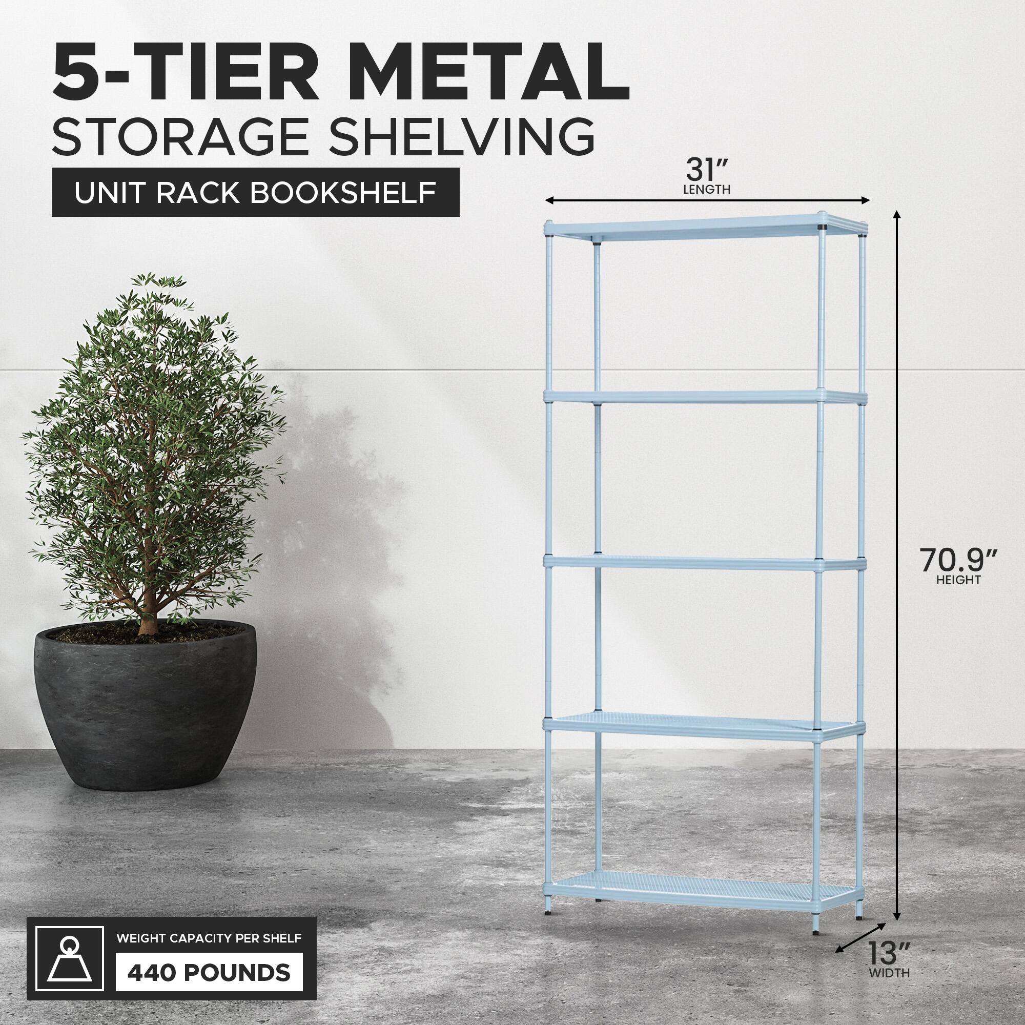5-TIER METAL STORAGE SHELVING  
UNIT RACK BOOKSHELF  

LENGTH: 31"  
HEIGHT: 70.9"  
WIDTH: 13"  

WEIGHT CAPACITY PER SHELF: 440 POUNDS