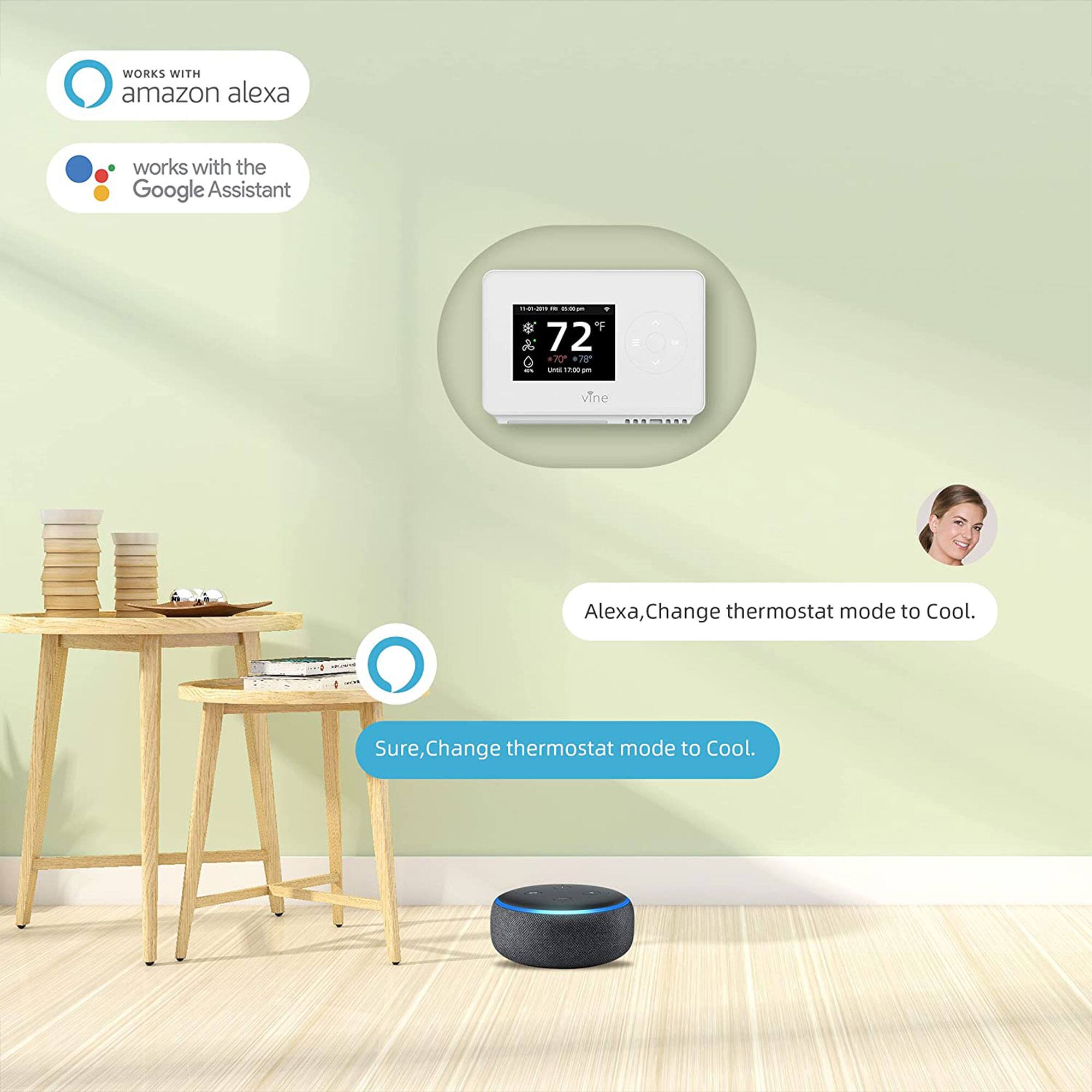 WORKS WITH amazon alexa  
works with the Google Assistant  

Alexa, Change thermostat mode to Cool.  
Sure, Change thermostat mode to Cool.